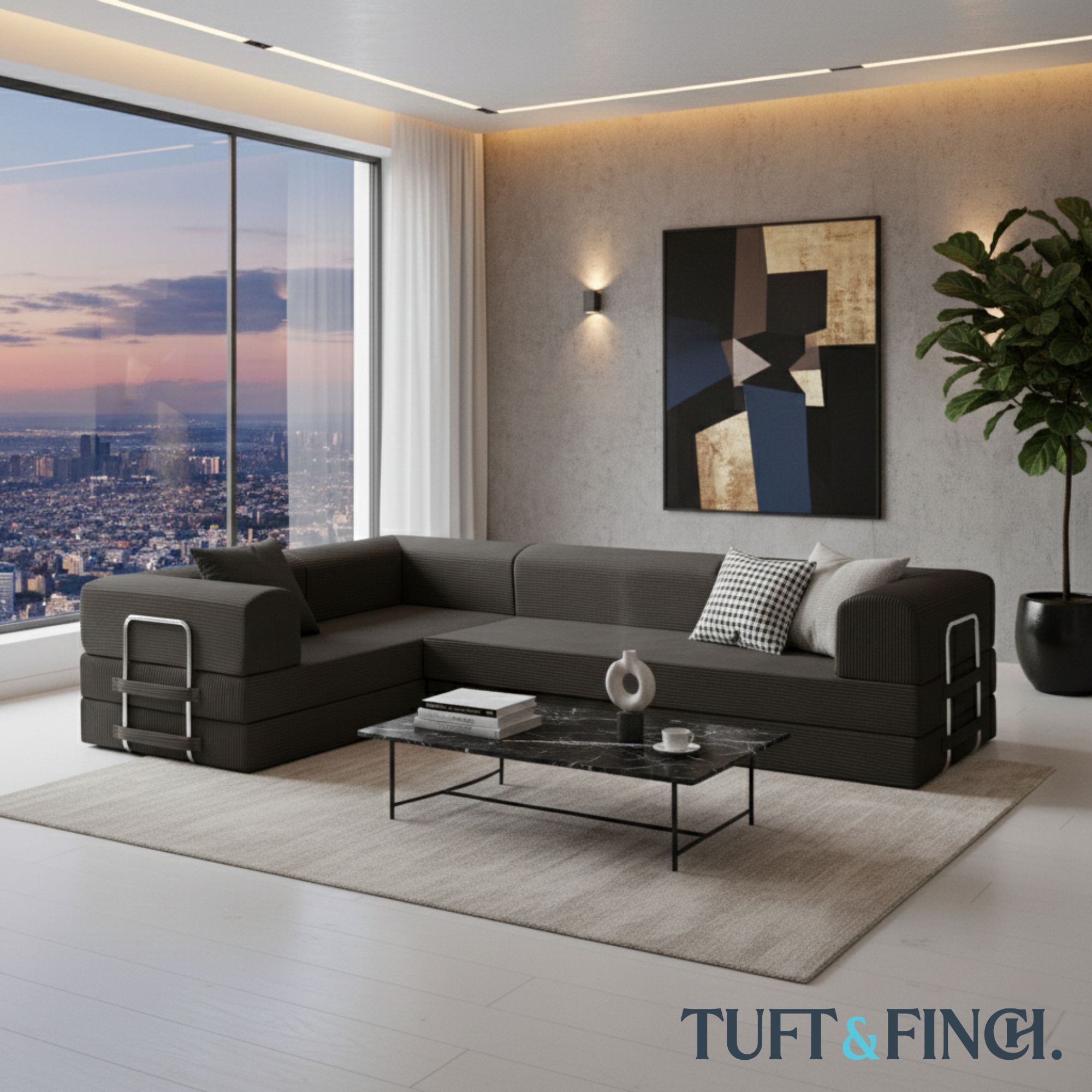 Image of modular couch in living room overlooking city.