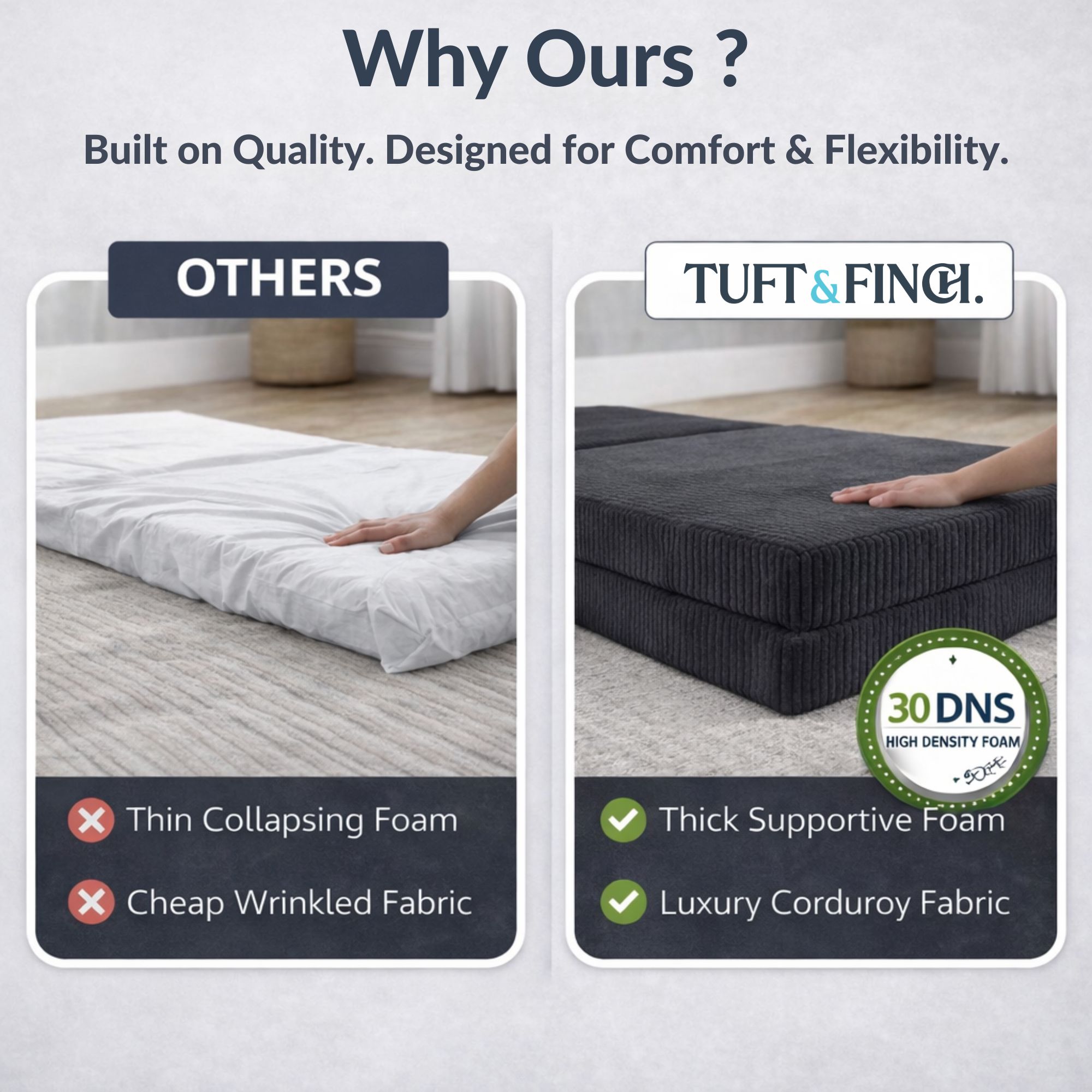 Comparison photo showing tuft and finch furniture with tuft and finch foam more firm.