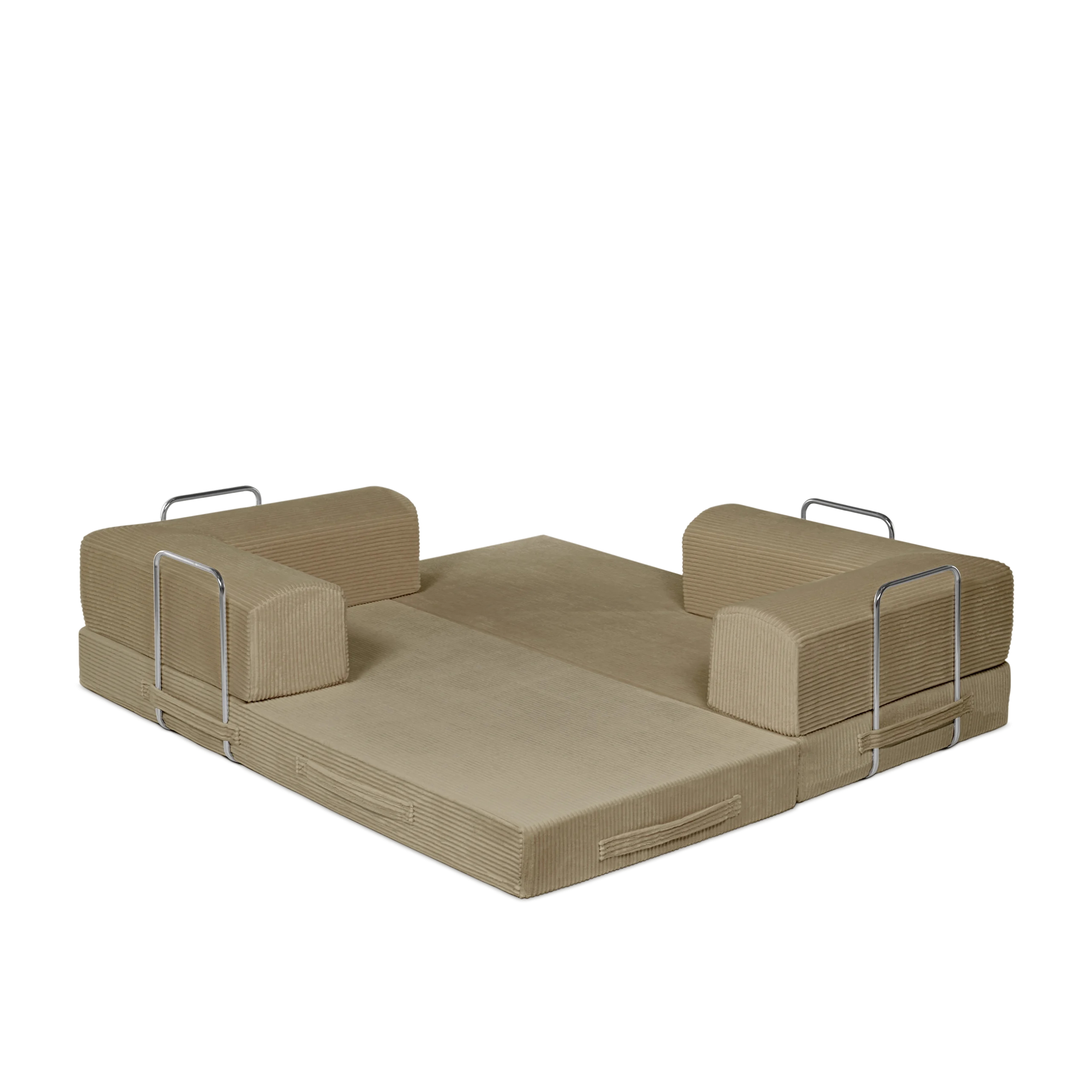 Latte, Tan, 3-seater transform couch configured into bed.