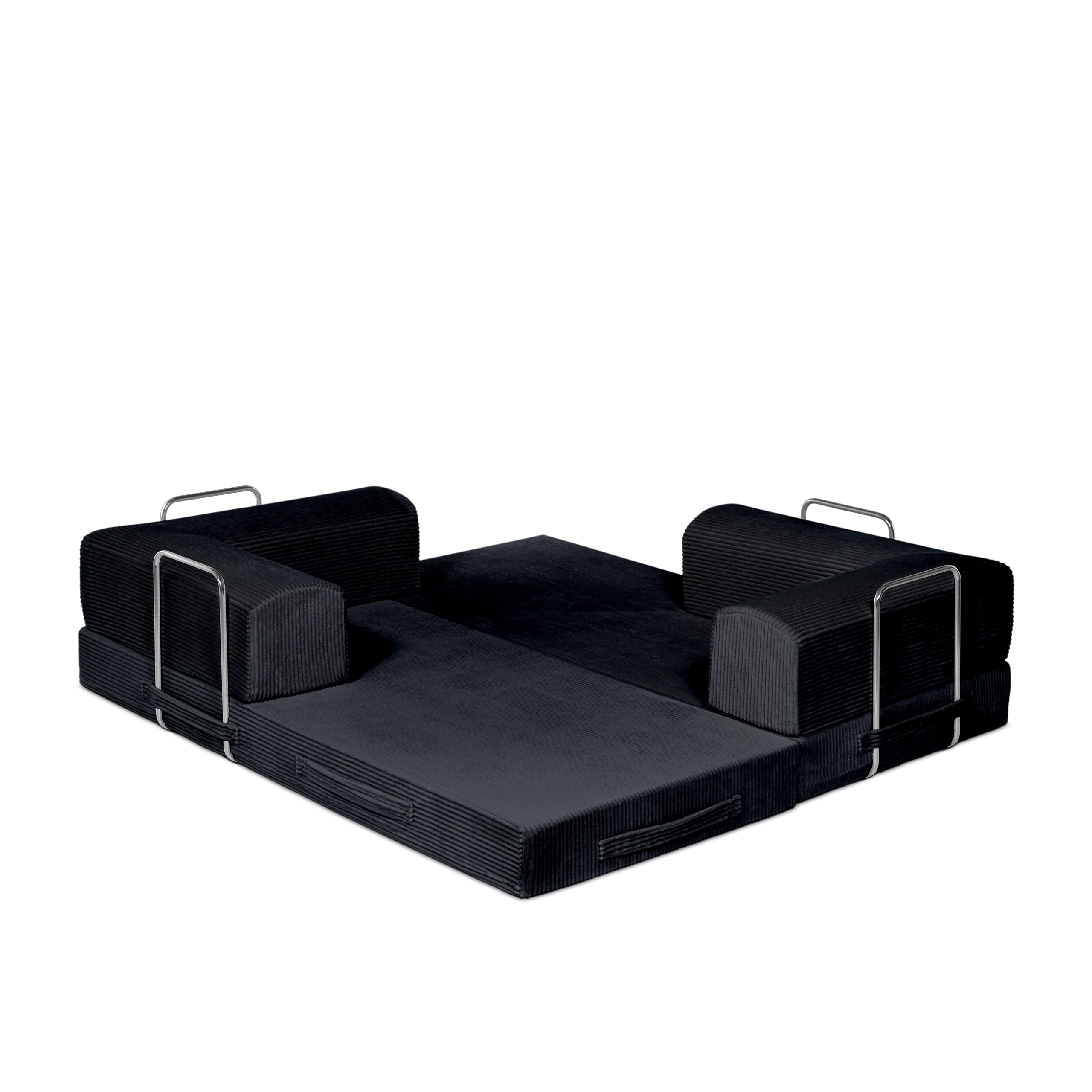 Obsidian, black colored 3-seater transform couch configured into bed.