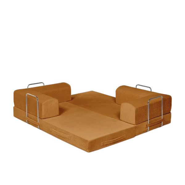 Saffron, Bright Orange, 3-seater transform couch configured into bed.
