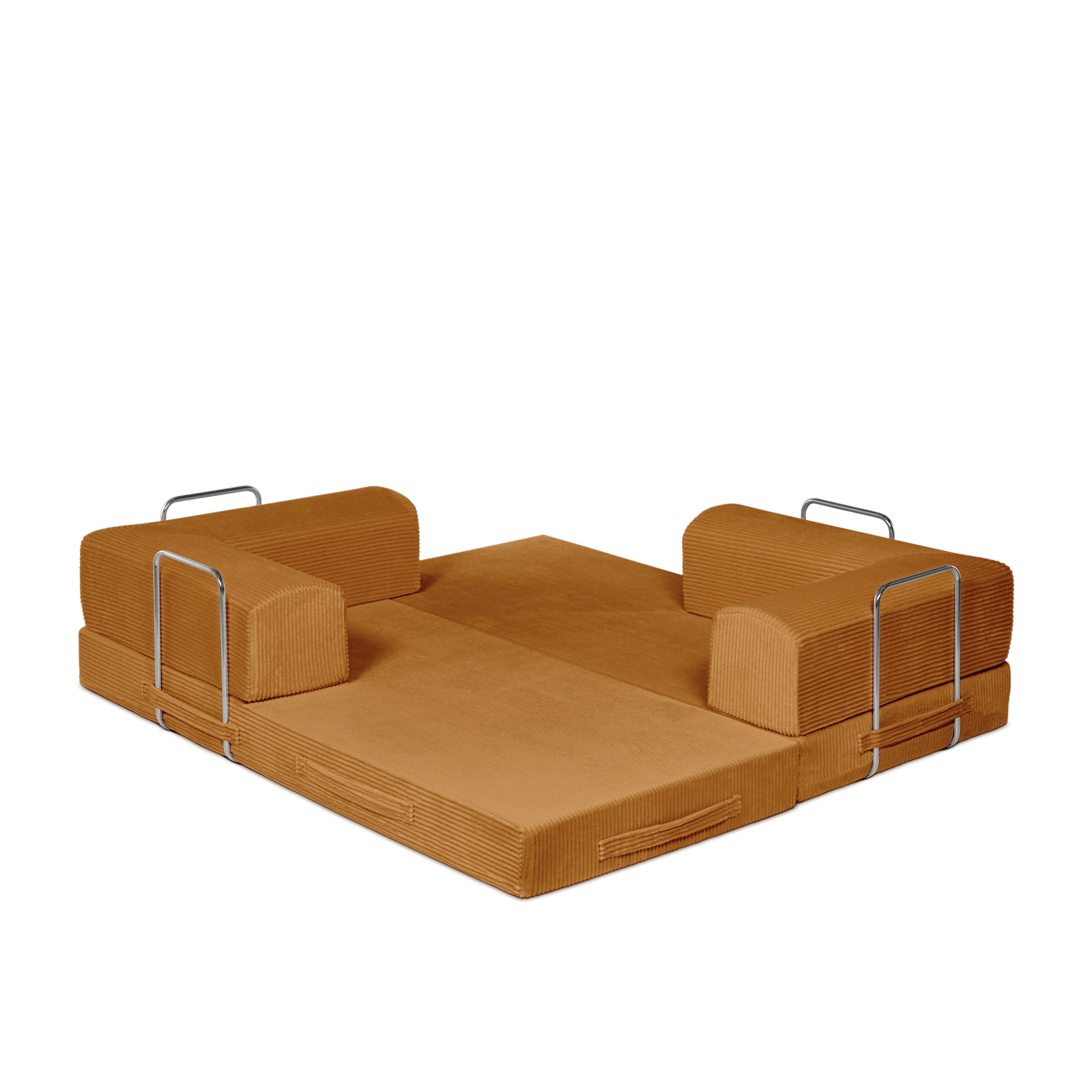 Saffron, Bright Orange, 3-seater transform couch configured into bed.