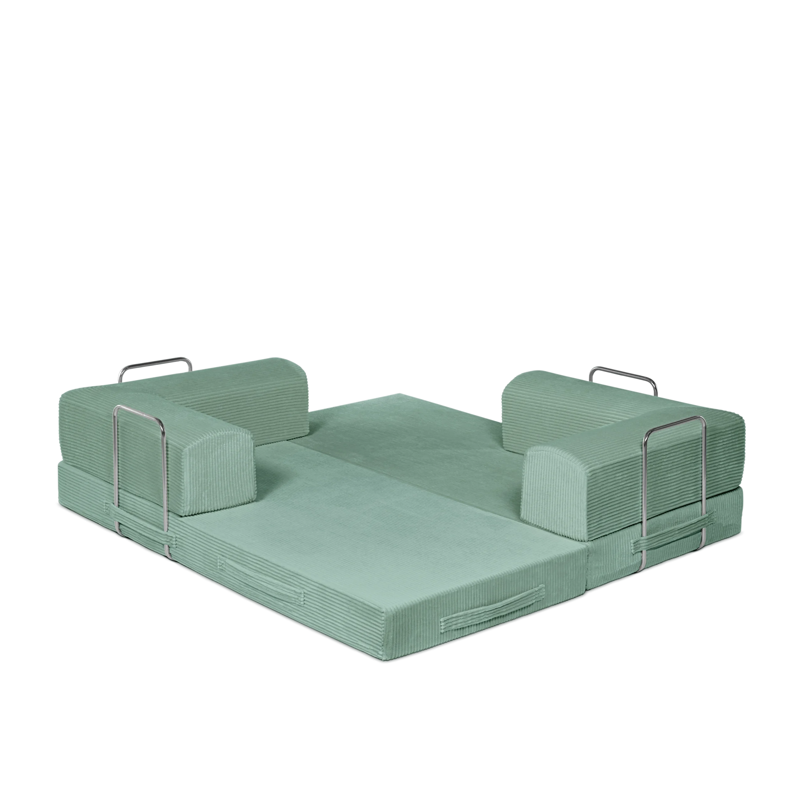 Sage, light green, 3-seater transform couch configured into bed.