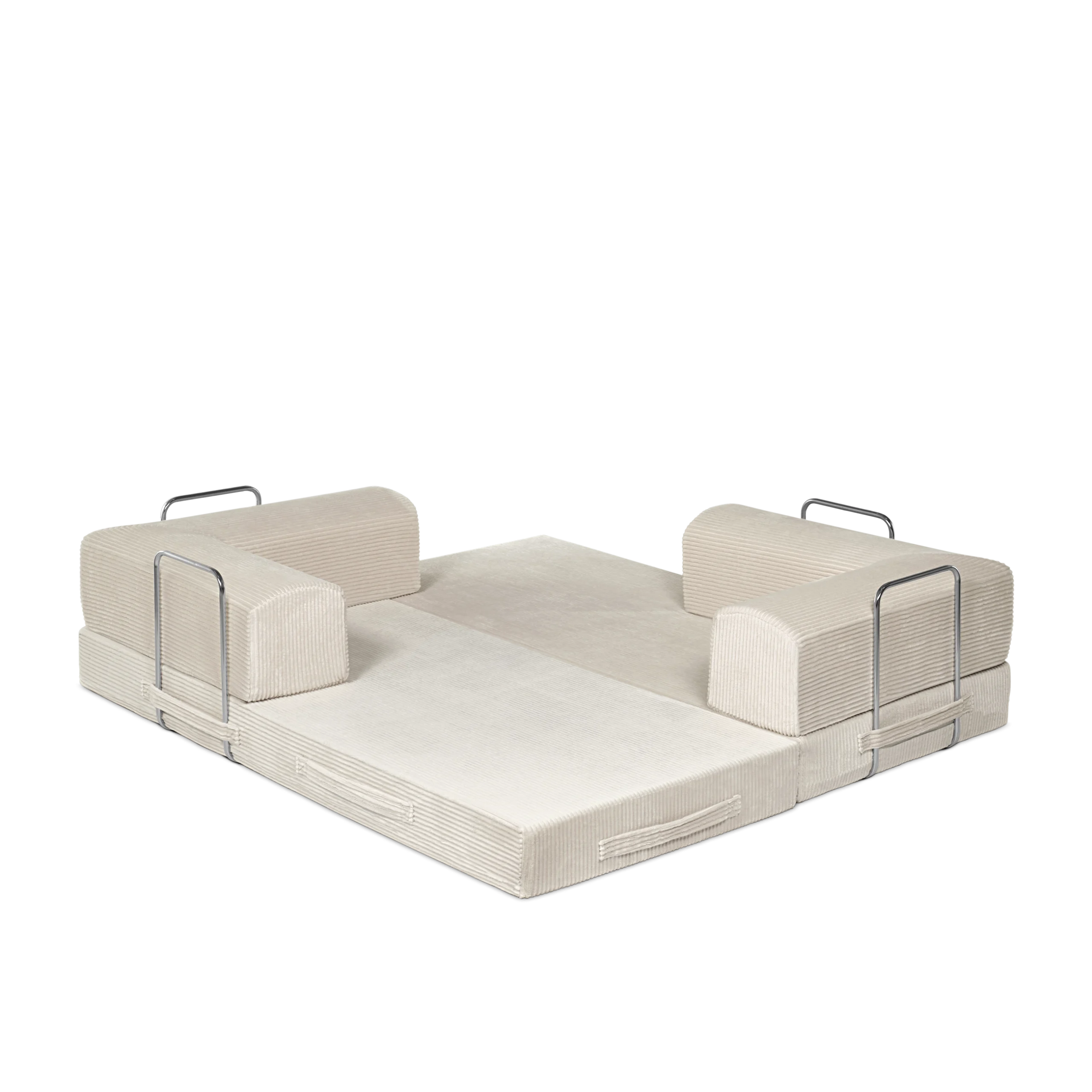Seashell, light tan 3-seater transform couch configured into bed.