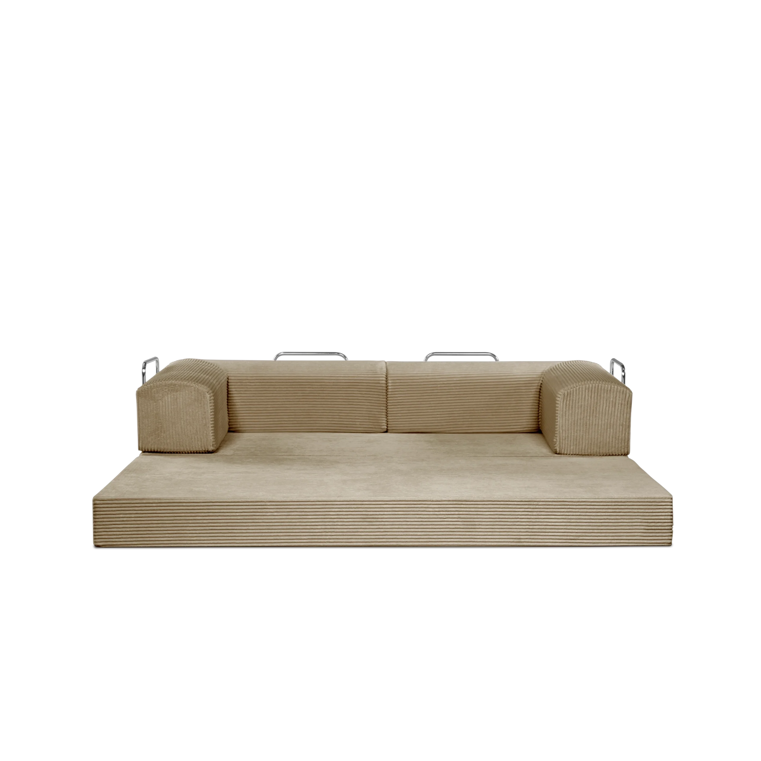 Latte, Tan, 3-seater transform couch configured into bed.