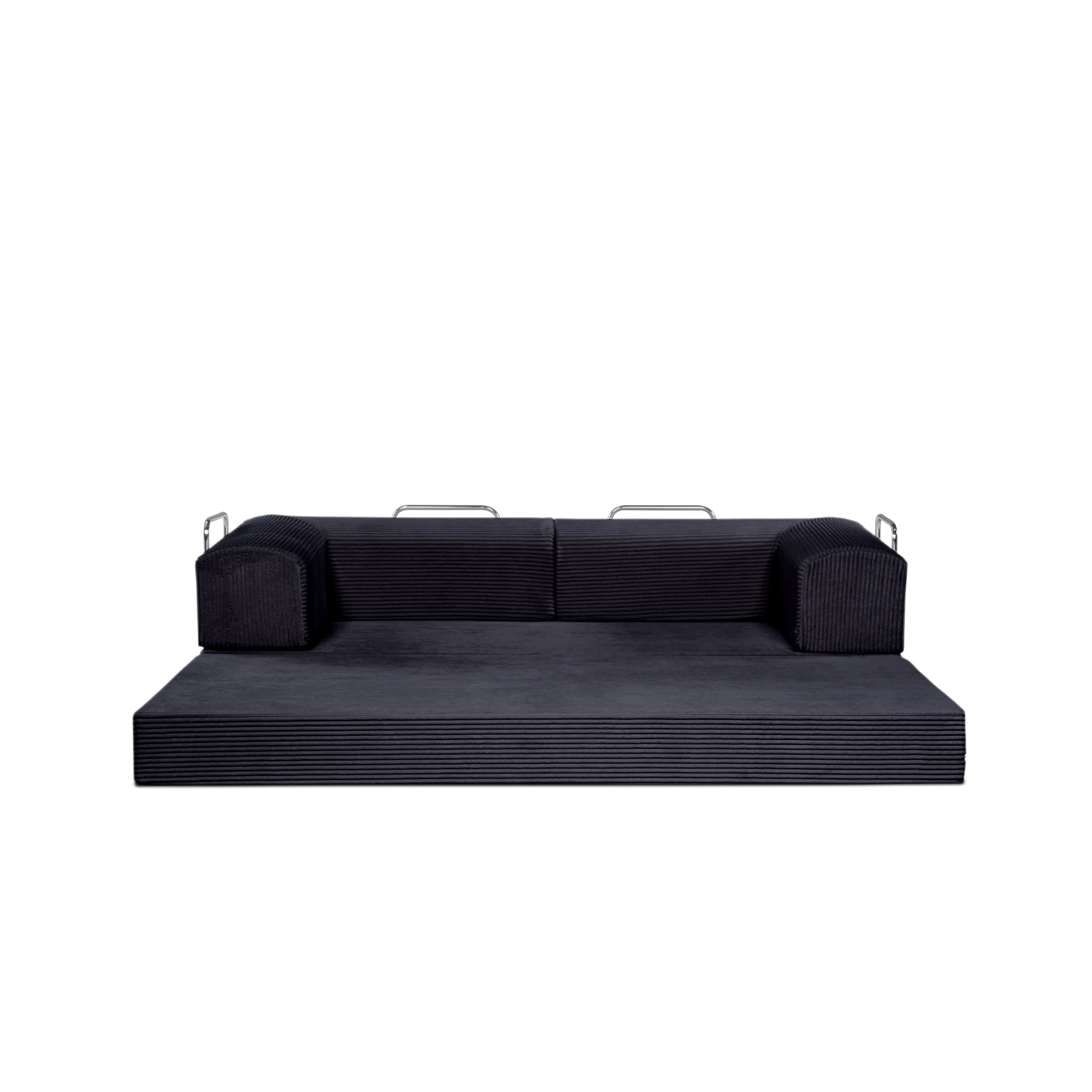 Obsidian, black colored 3-seater transform couch configured into bed.