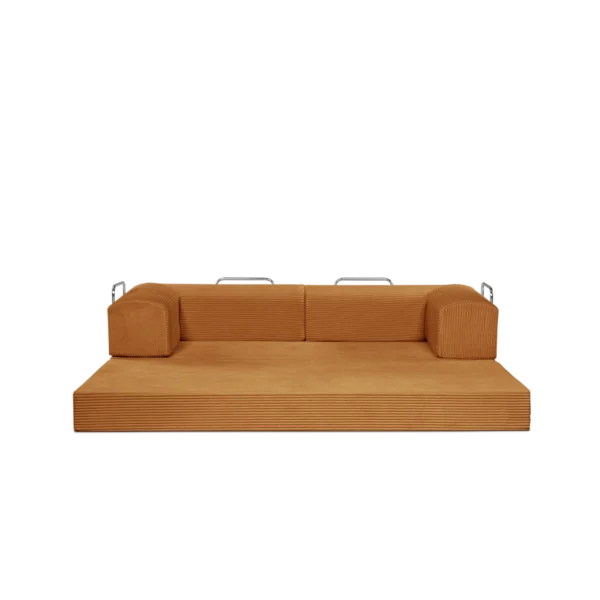 Saffron, Bright Orange, 3-seater transform couch configured into bed.