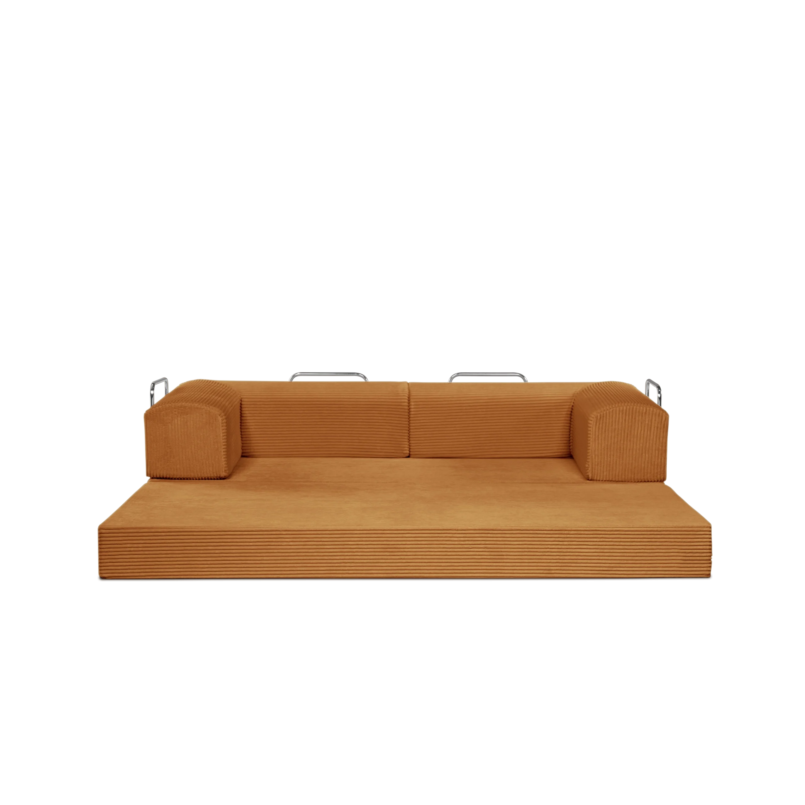 Saffron, Bright Orange, 3-seater transform couch configured into bed.