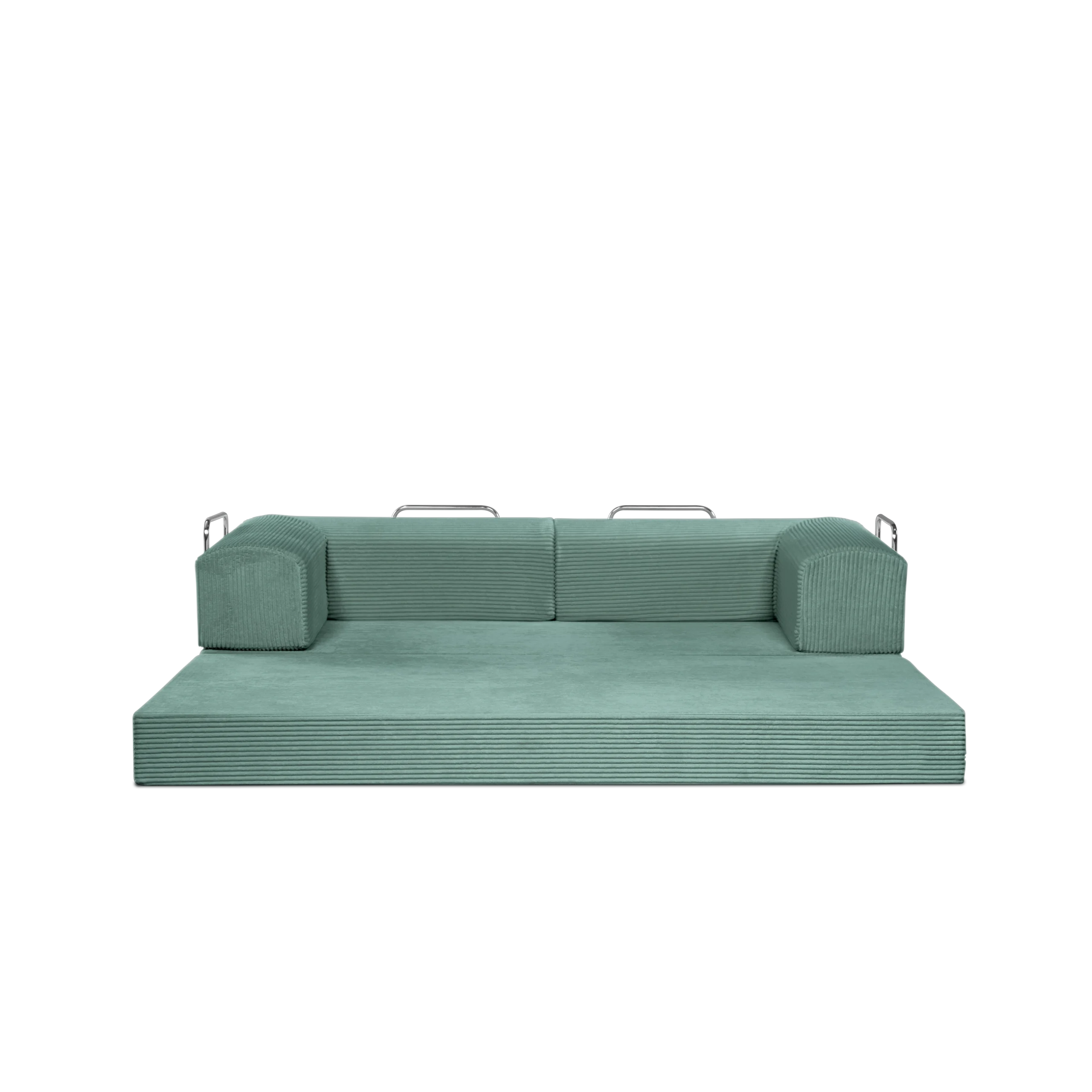 Sage, light green, 3-seater transform couch configured into bed.