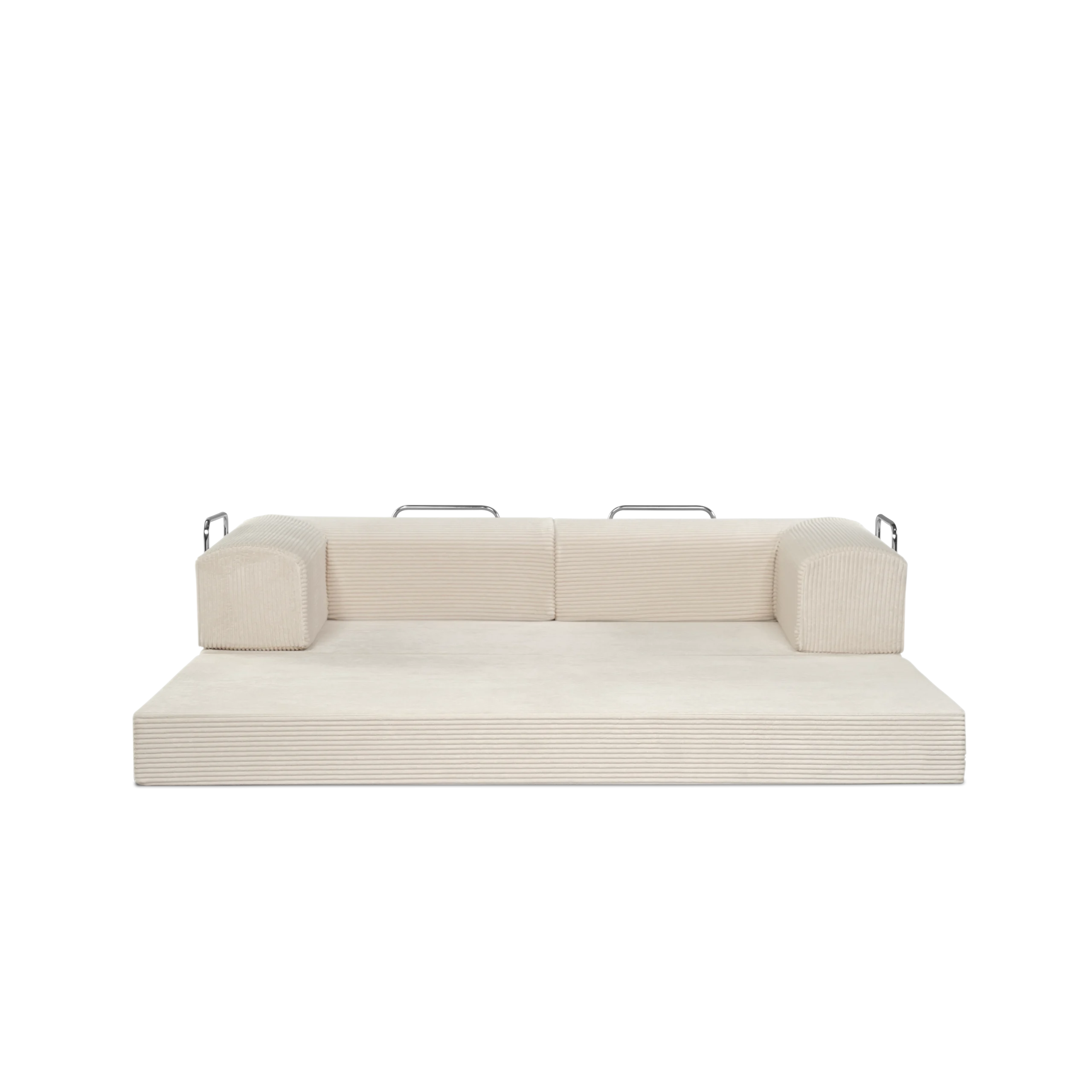 Seashell, light tan 3-seater transform couch configured into bed.