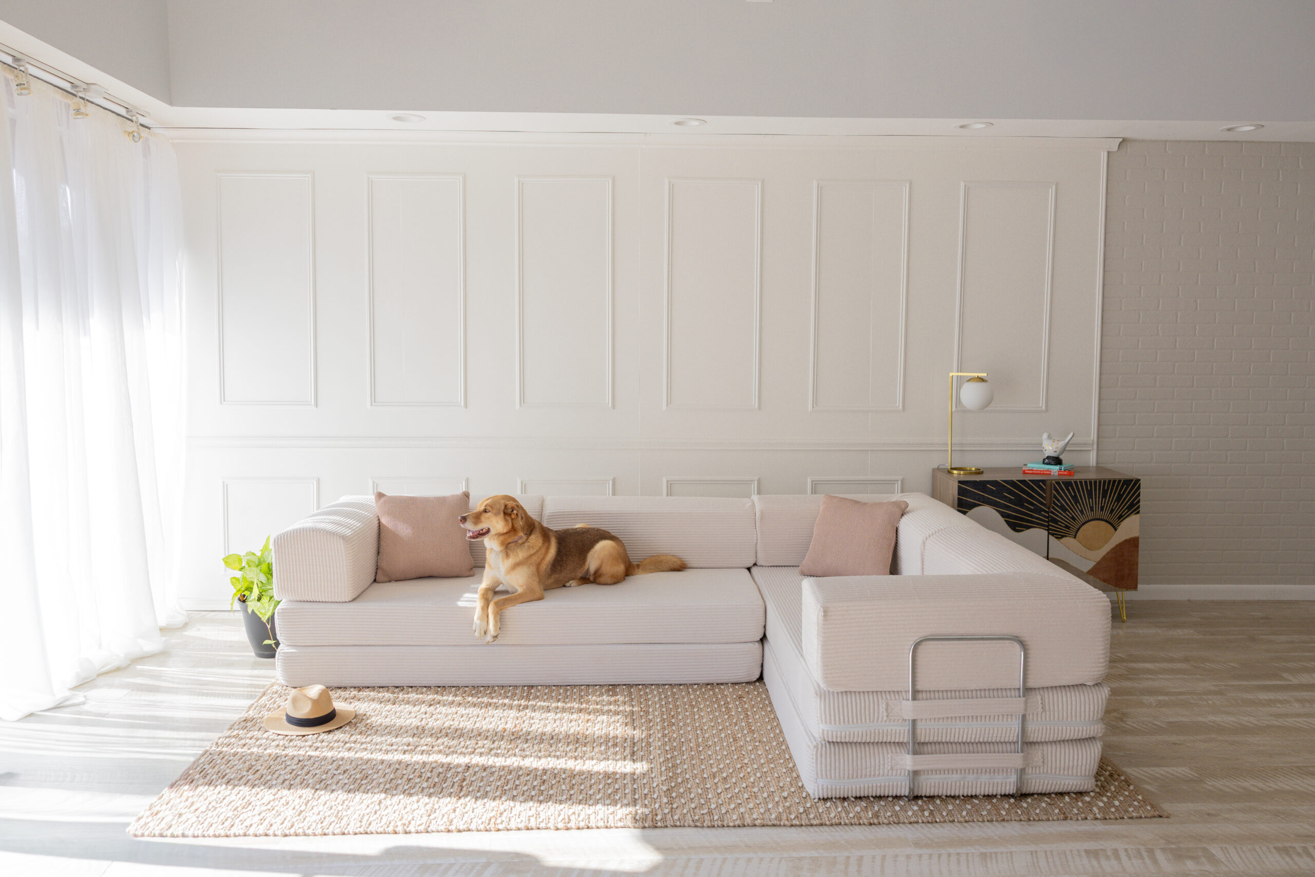 Large L Shaped couch with blue ottoman and dog on couch.