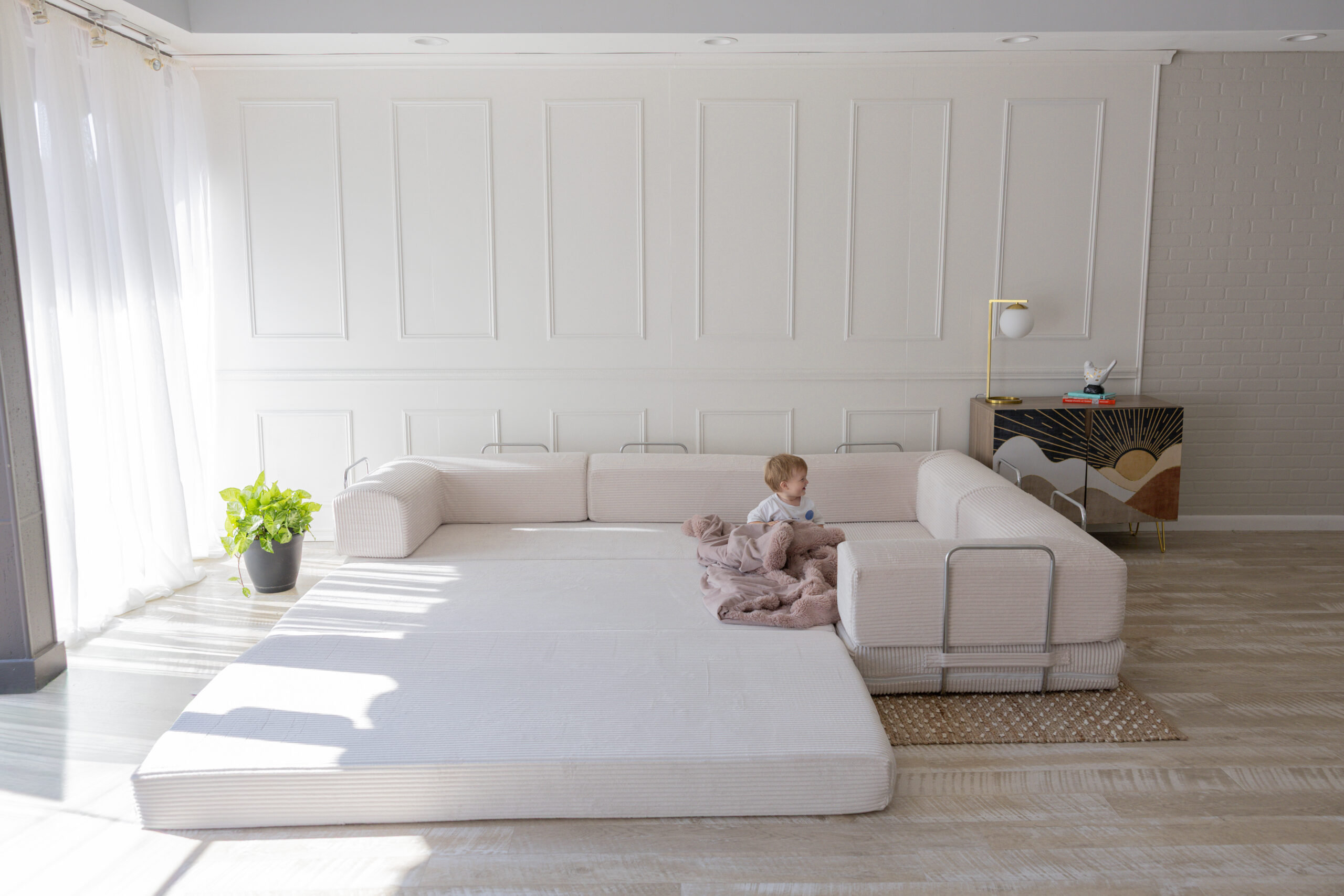 A large pull out couch with full size bed.