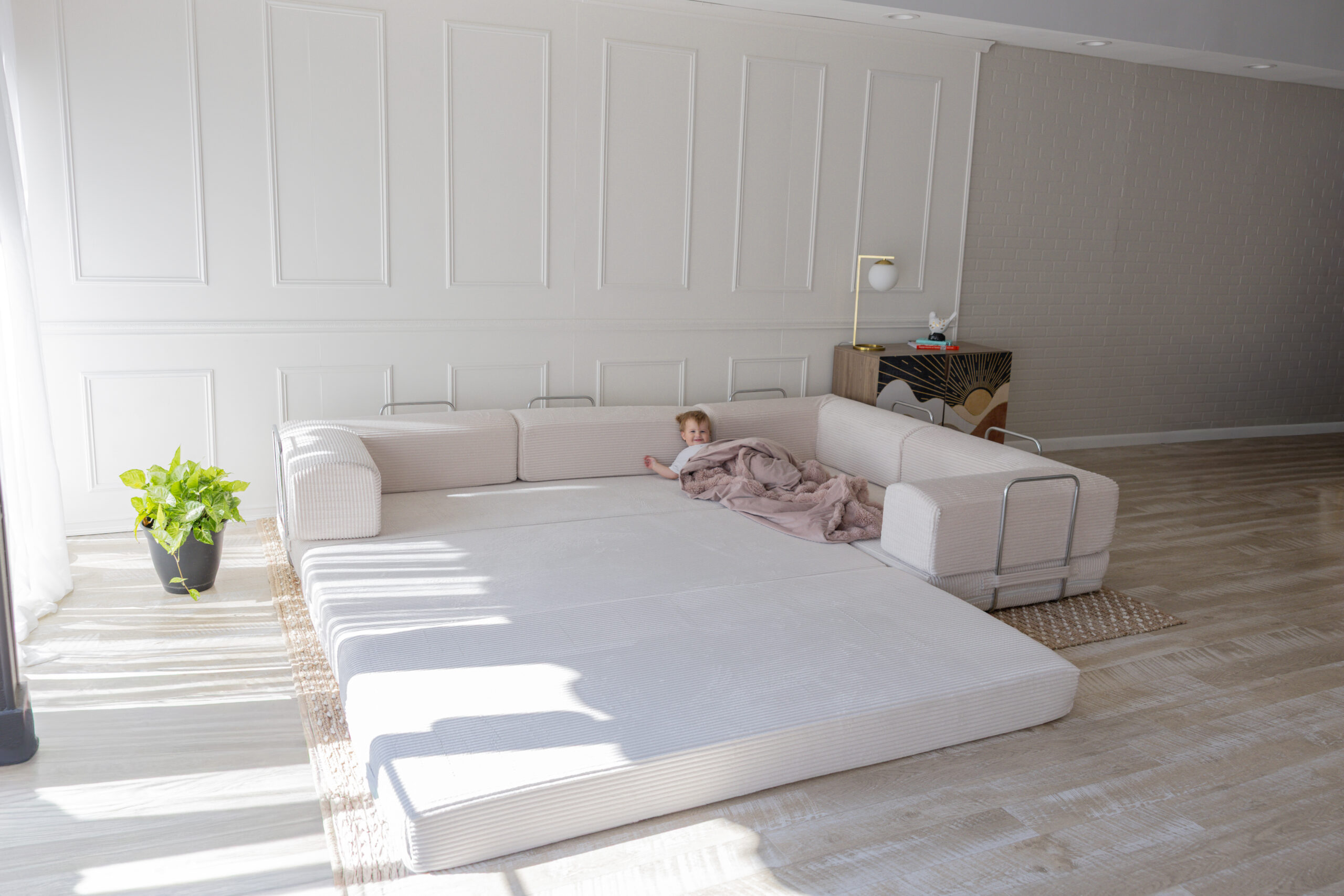 A large pull out couch with full size bed.