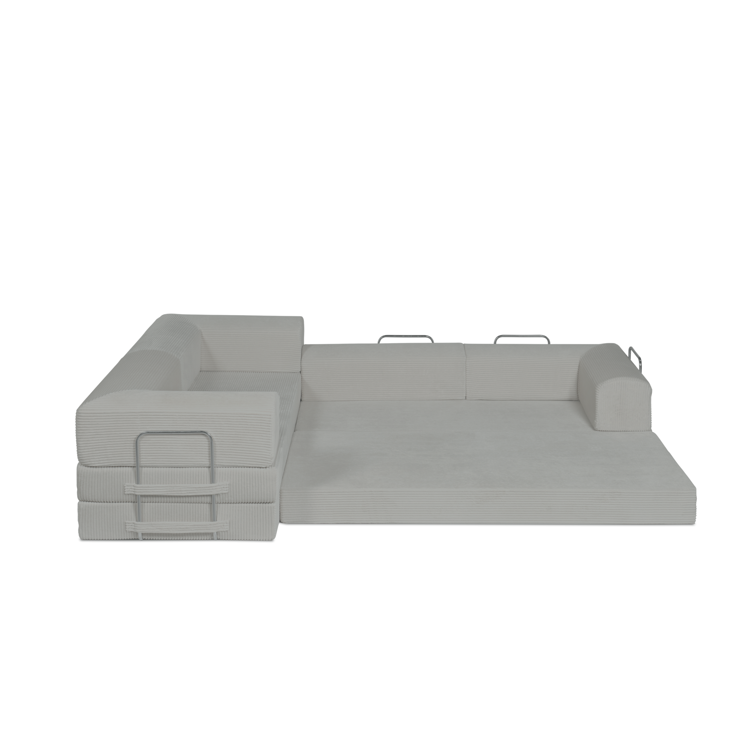 Frost, off white, L shaped modular couch in day bed form.
