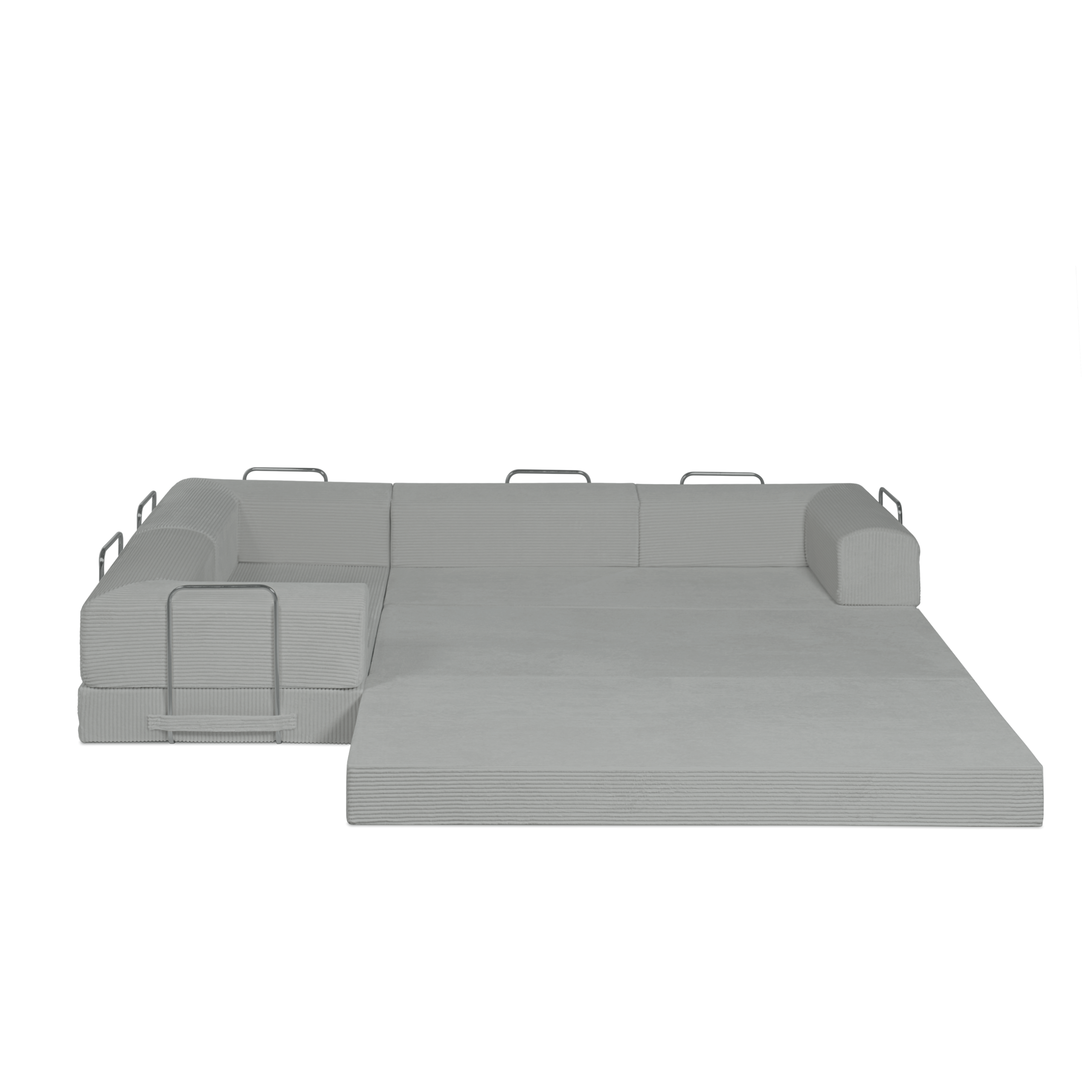 Frost, off white, L shaped modular couch in full bed form.