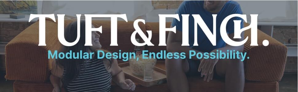 Photo of people sitting on orange modular boneless couch with the words "Tuft & Finch. Modular Design, Endless Possibility," over it.