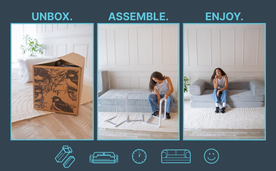 Poster with 3 photos saying unbox, assemble, enjoy. Unbox photo is a tuft and finch cardboard box. Assemble photo is a young woman assembling the couch,, enjoy is photo of young woman sitting on grey couch.