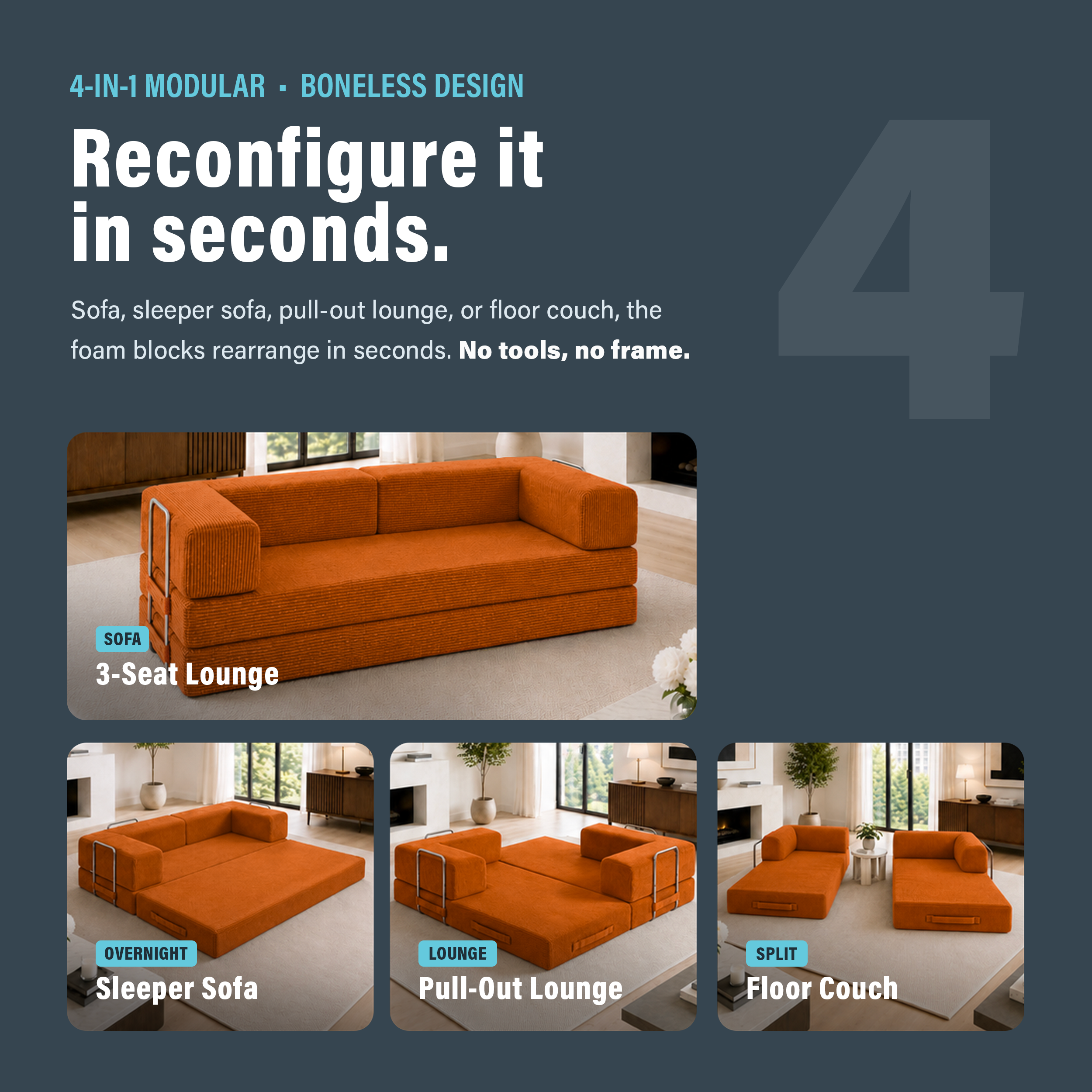 Photo showing that boneless orange couch can be reconfigured in seconds with four different configurations.