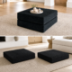 Split photo of black ottoman in ottoman form and then bed form.