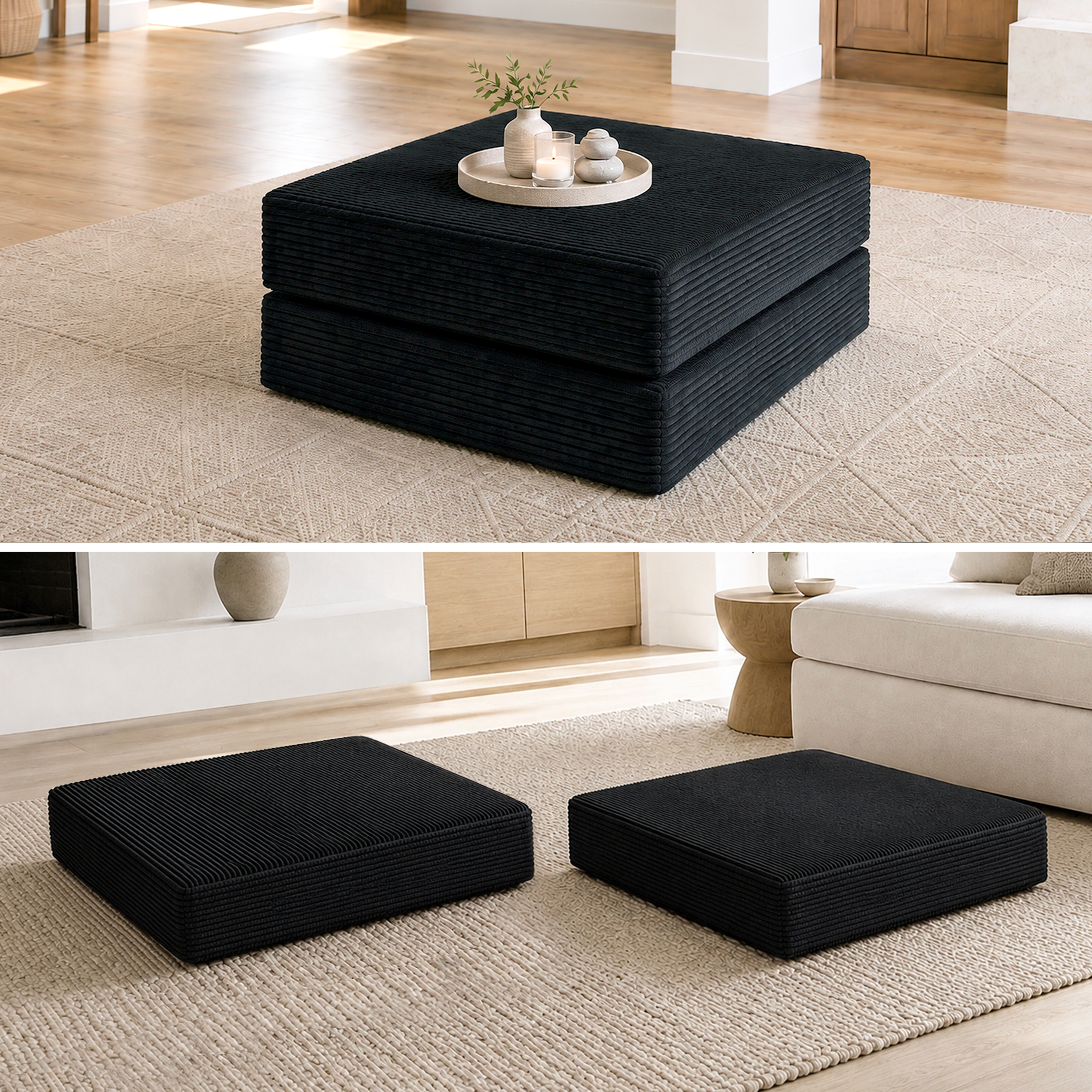 Split photo of black ottoman in ottoman form and then bed form.