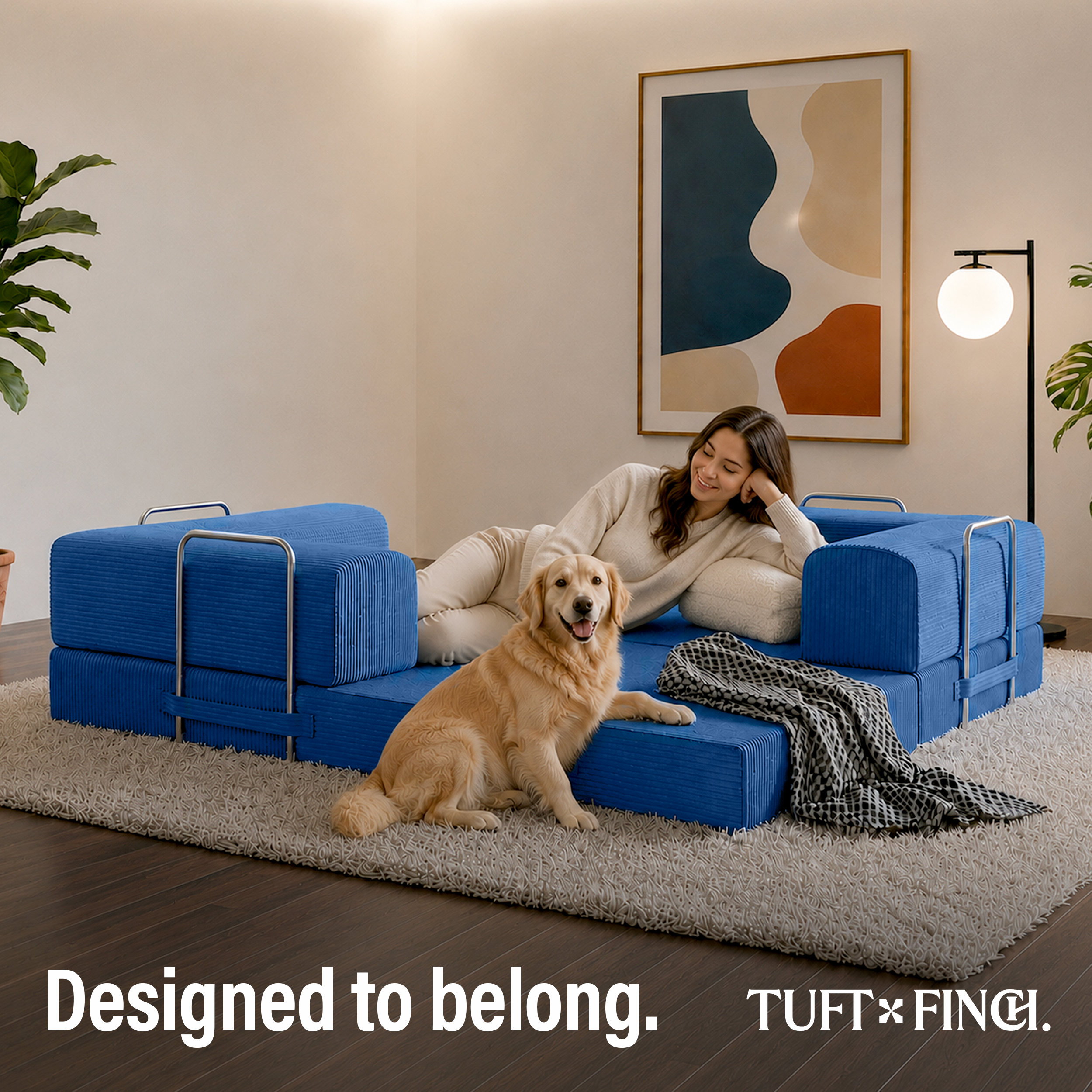 Woman sitting on blue boneless couch in expanded configuration with dog.