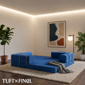 Blue boneless couch in expanded configuration.