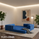 Blue boneless couch in expanded configuration.