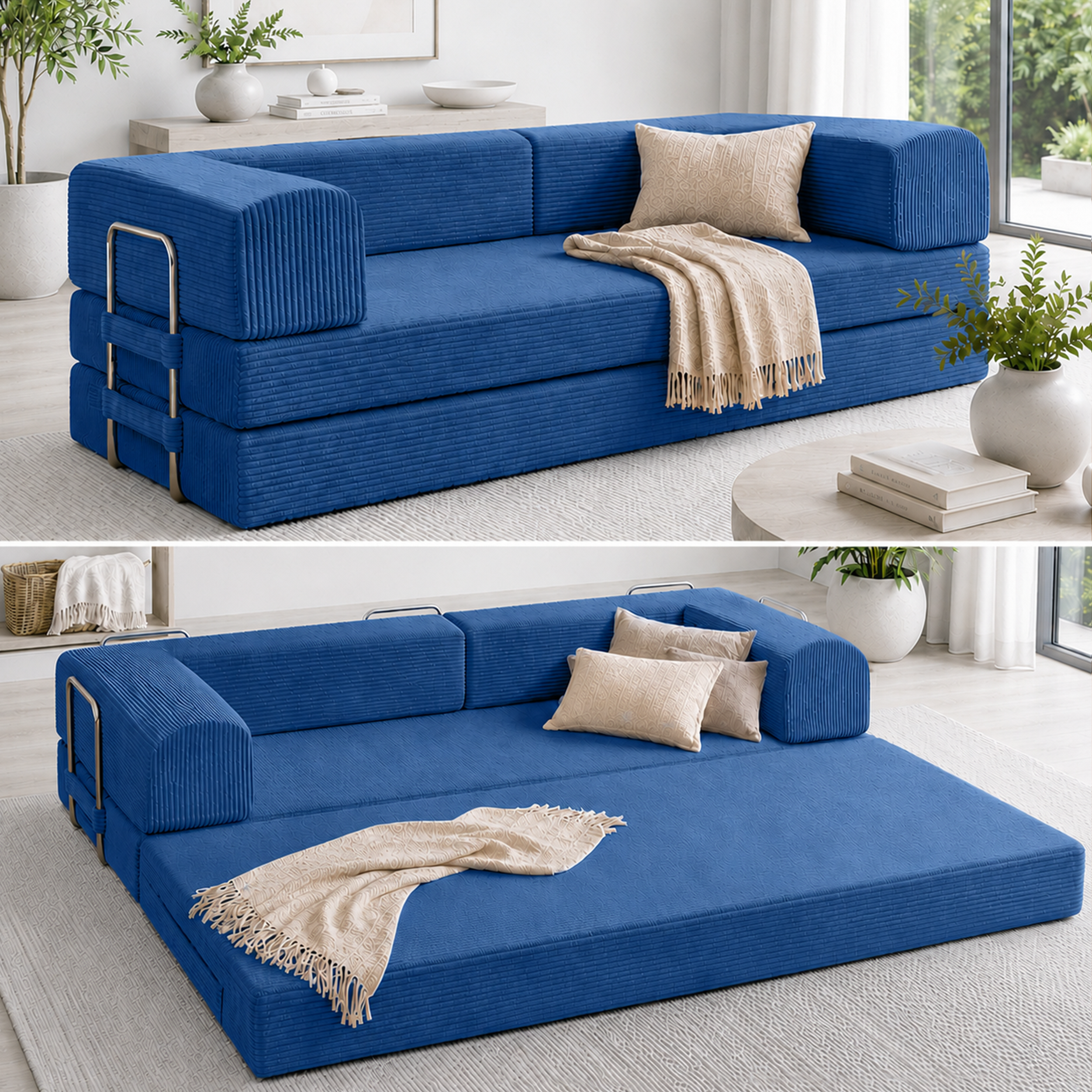 Split photo of blue boneless couch in couch form and in expanded form.