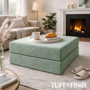 Green ottoman in living room.