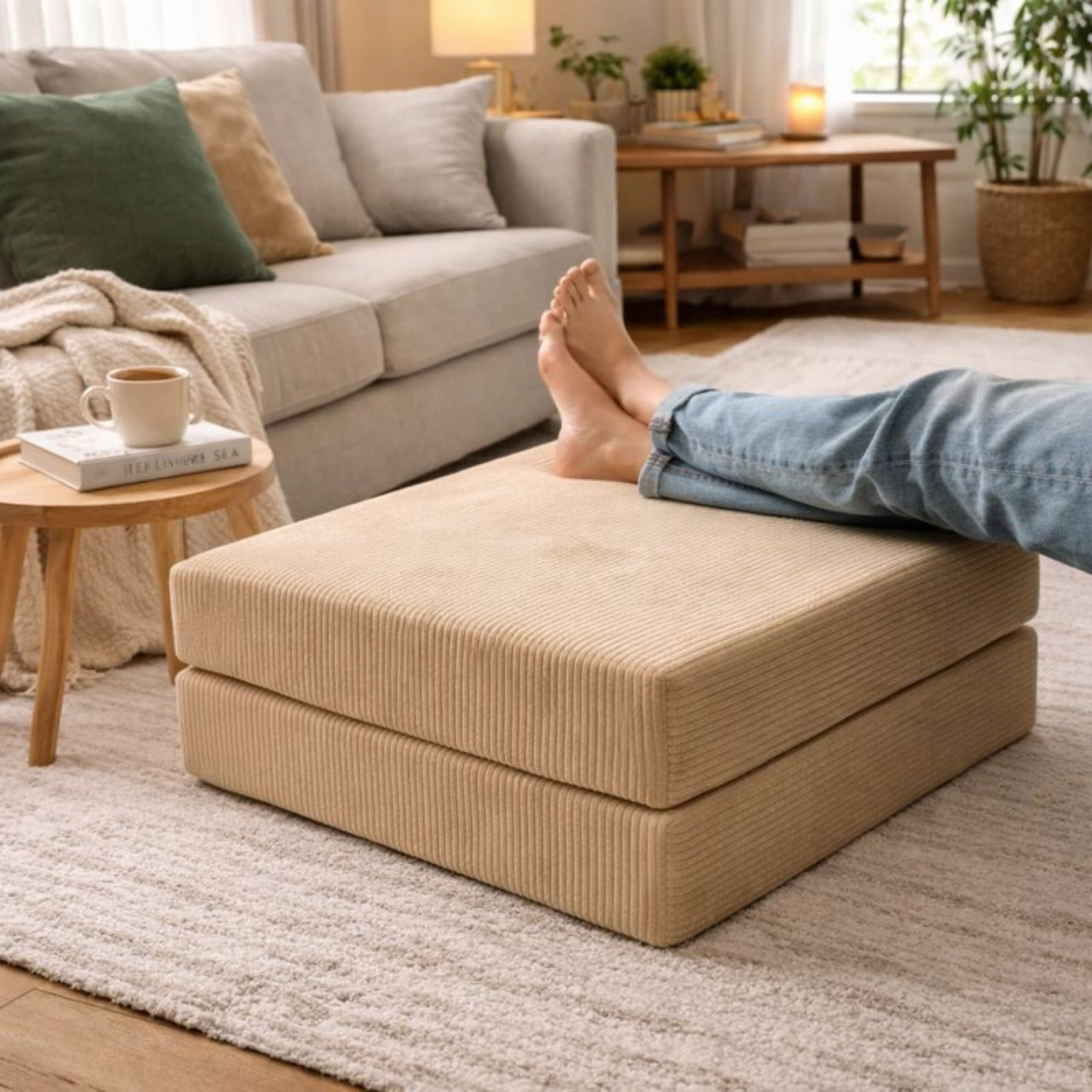 Latte brown in living room with feet resting on it.