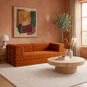 Orange boneless sofa in living room