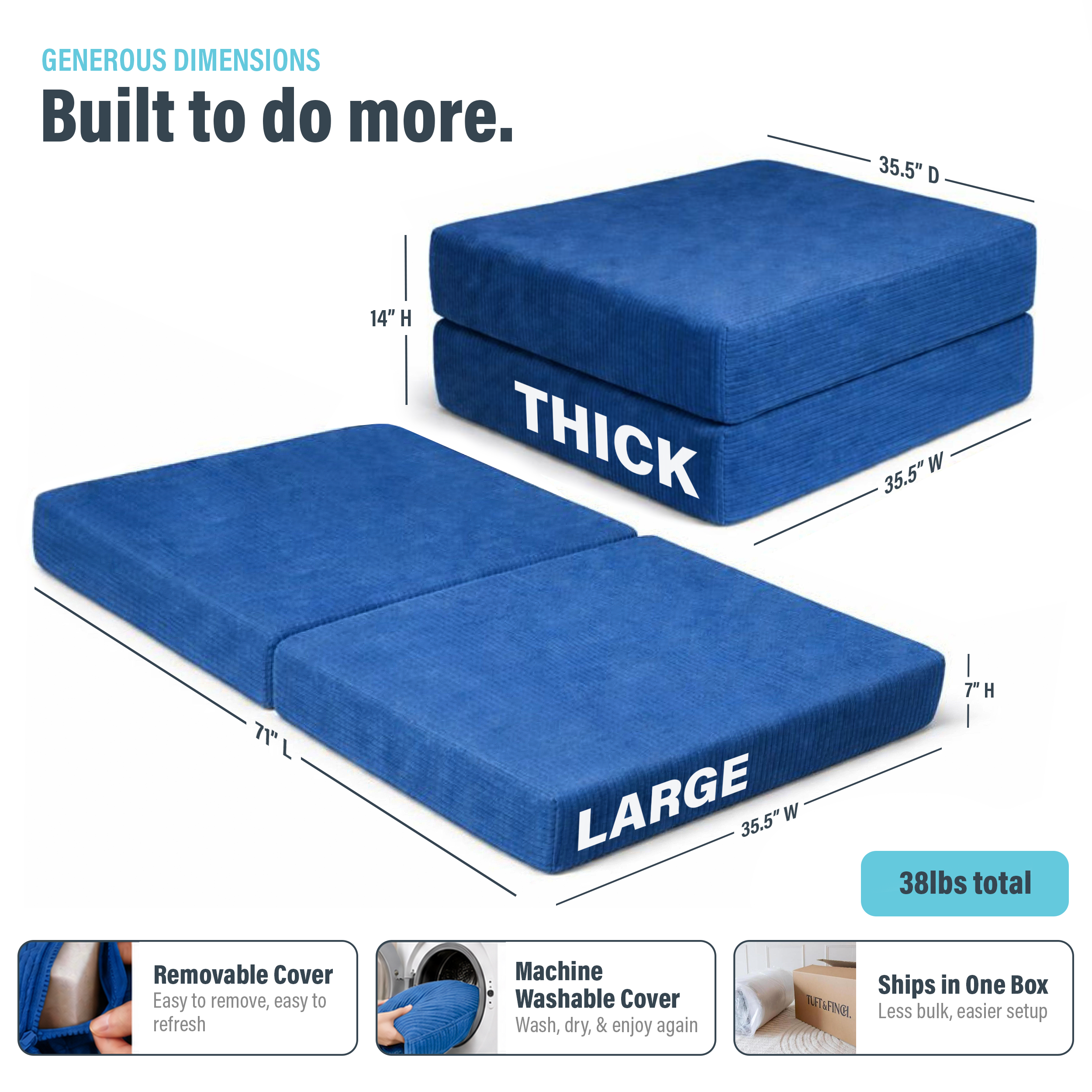 Image showing dimensions of blue boneless ottoman and that cover is machine washable. Dimensions are 35.5" x 14" x 35.5" and is 38lbs total.