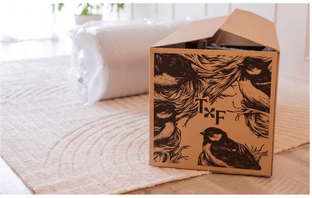Tuft and Finch box that bonesless modular couch arrives in.
