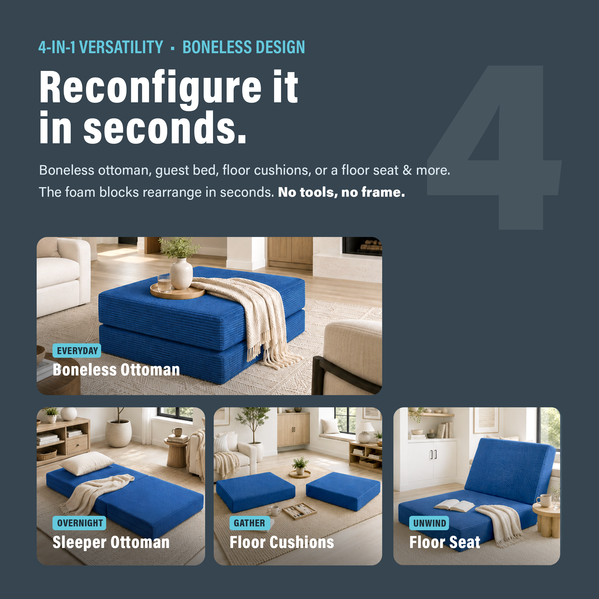 Photo showing that boneless blue ottoman can be reconfigured in seconds with different configurations.