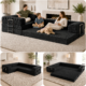 Split image of Black boneless couch in 3 different forms.