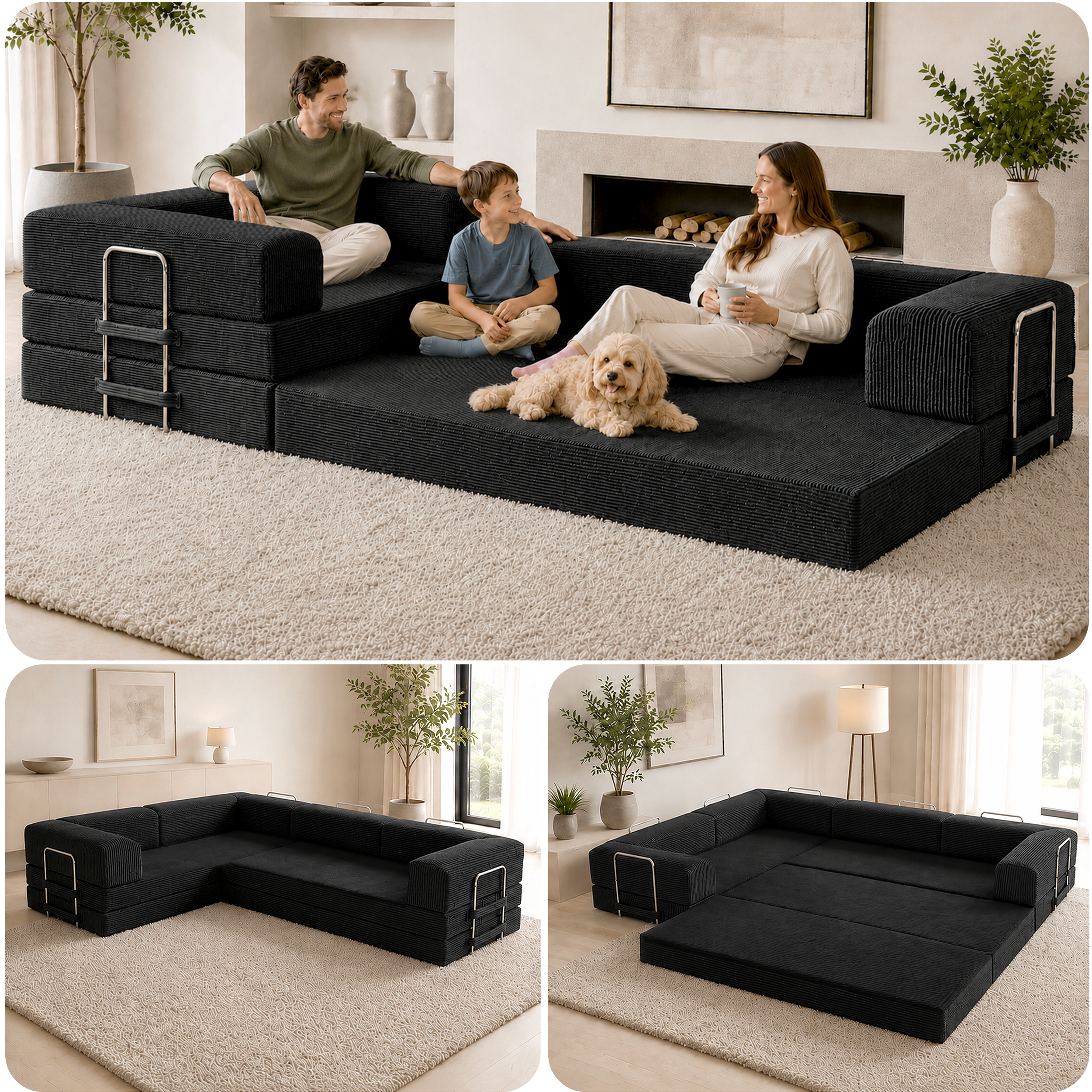 Split image of Black boneless couch in 3 different forms.