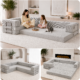 Split image of gray boneless couch in 3 different forms.