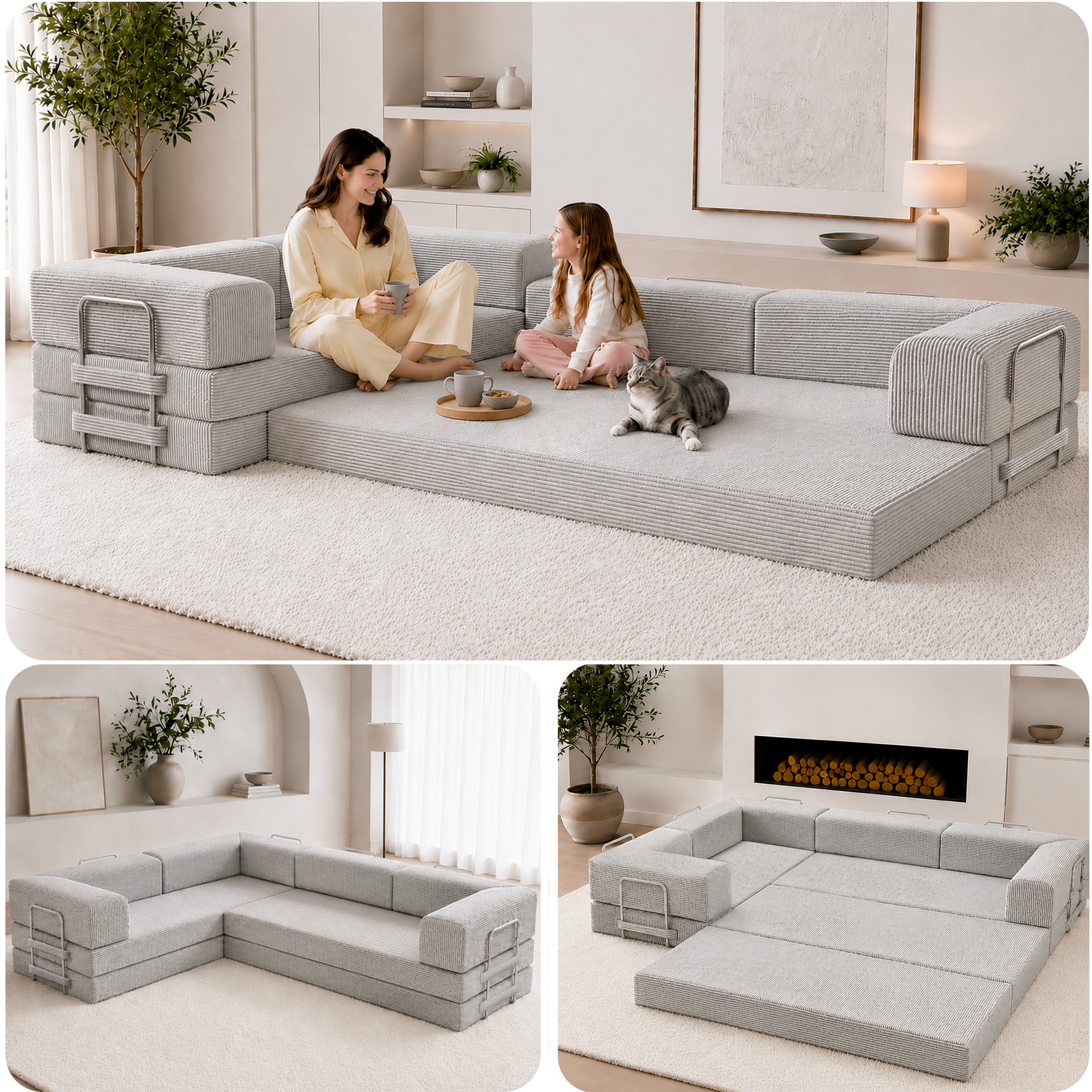 Split image of gray boneless couch in 3 different forms.