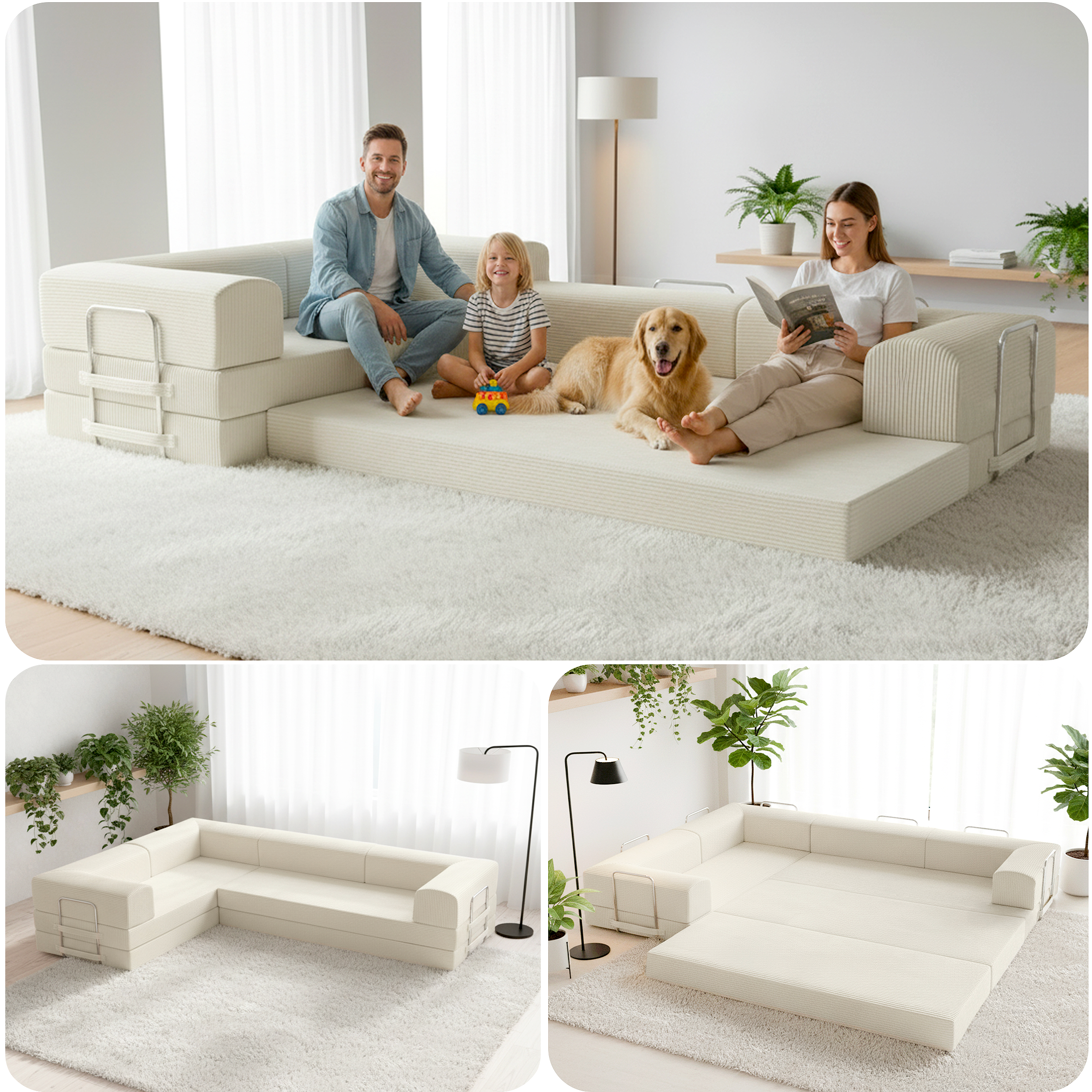 Split image of cream boneless couch in 3 different forms.