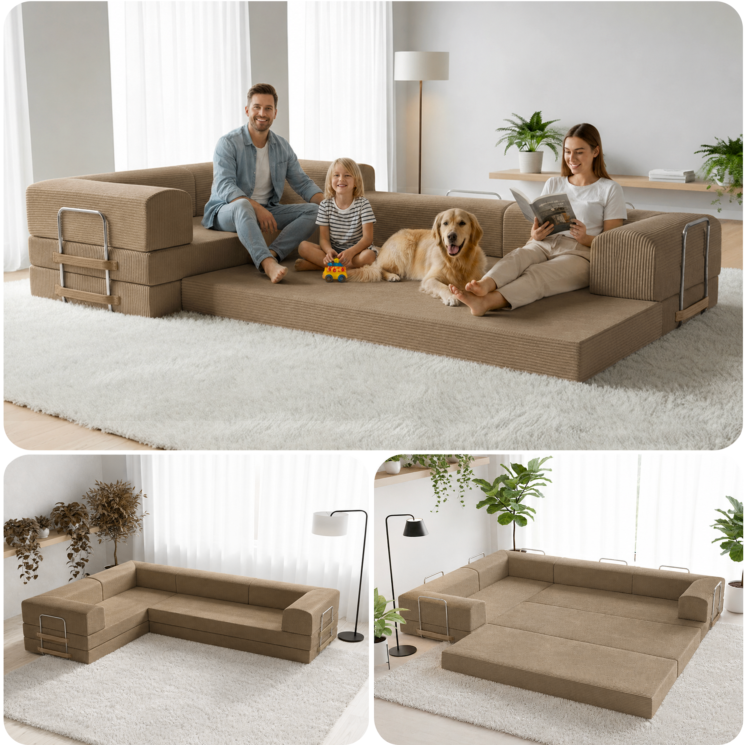 Split image of latte brown boneless couch in 3 different forms.