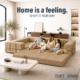 Family sitting on latte brown boneless sofa in expandable configuration.