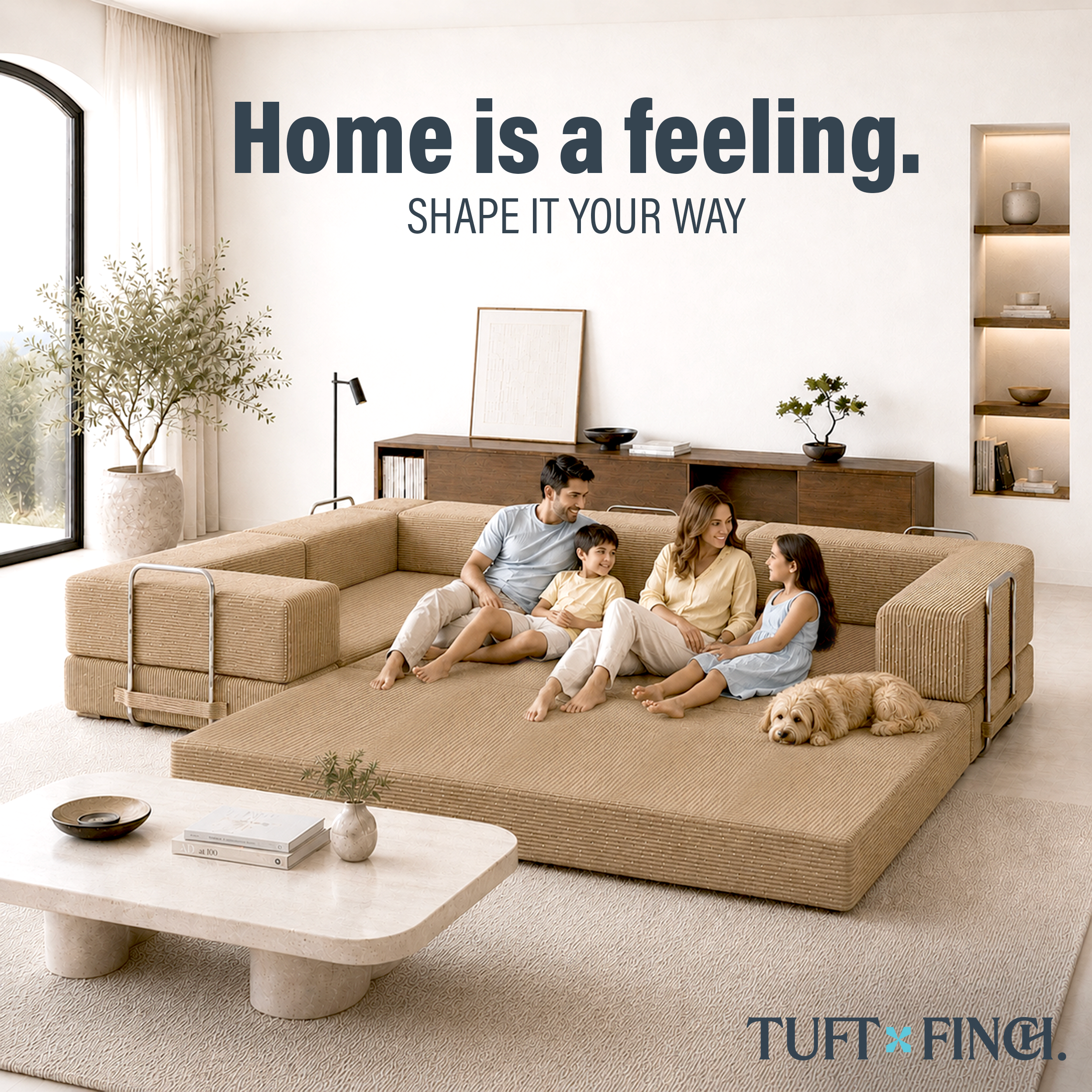 Family sitting on latte brown boneless sofa in expandable configuration.