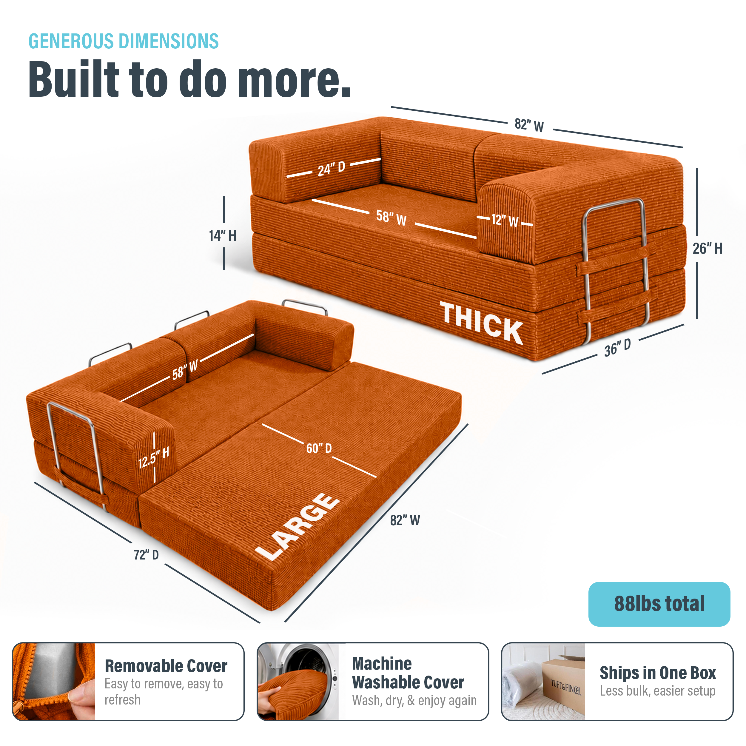 Image showing dimensions of orange boneless couch and that cover is machine washable. Dimensions are 82" x 72" x 12.5" in one formation and 82" x 36" x 26" in couch formation and is 88lbs total.