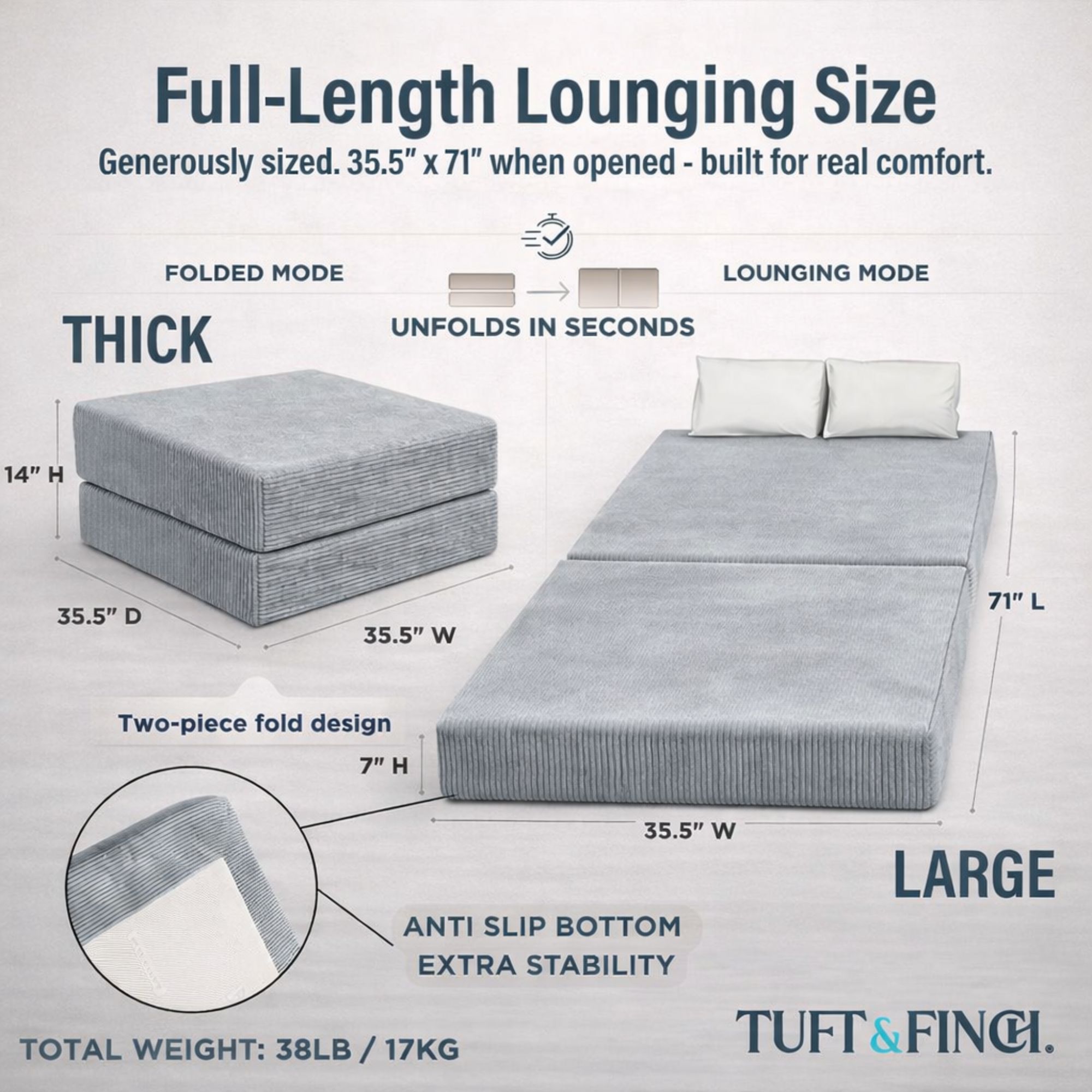 Image showing dimensions of ottoman in ottoman and in bed position.