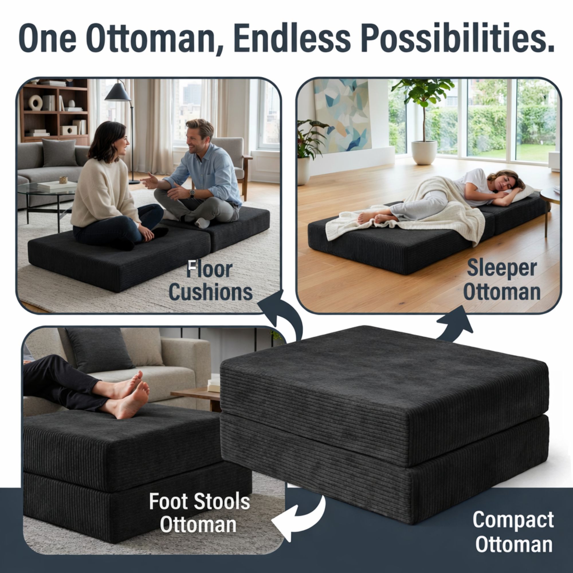 Image showing the ottoman in floor cushion, sleeper ottoman, and foot stool mode.