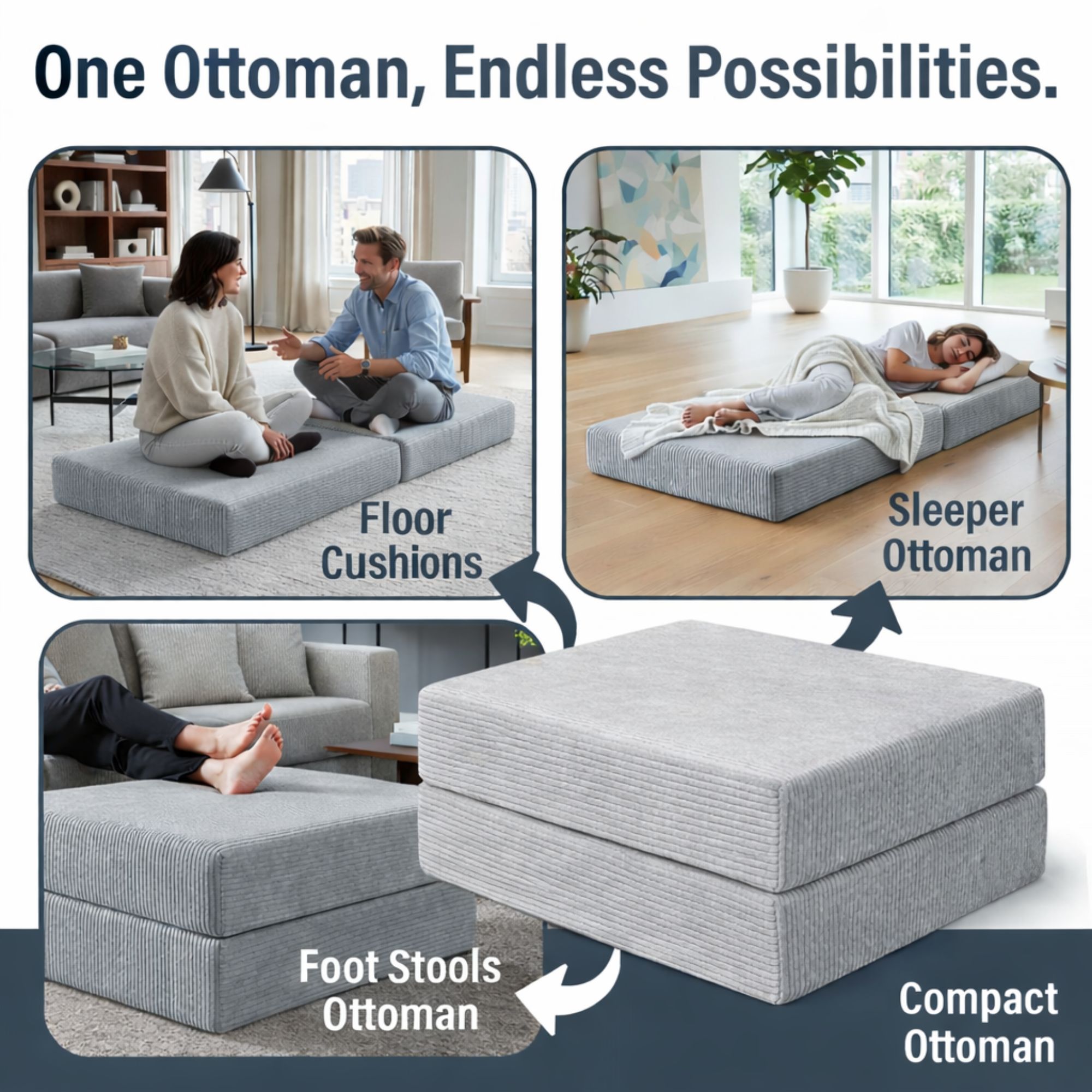 Image showing the ottoman in floor cushion, sleeper ottoman, and foot stool mode.