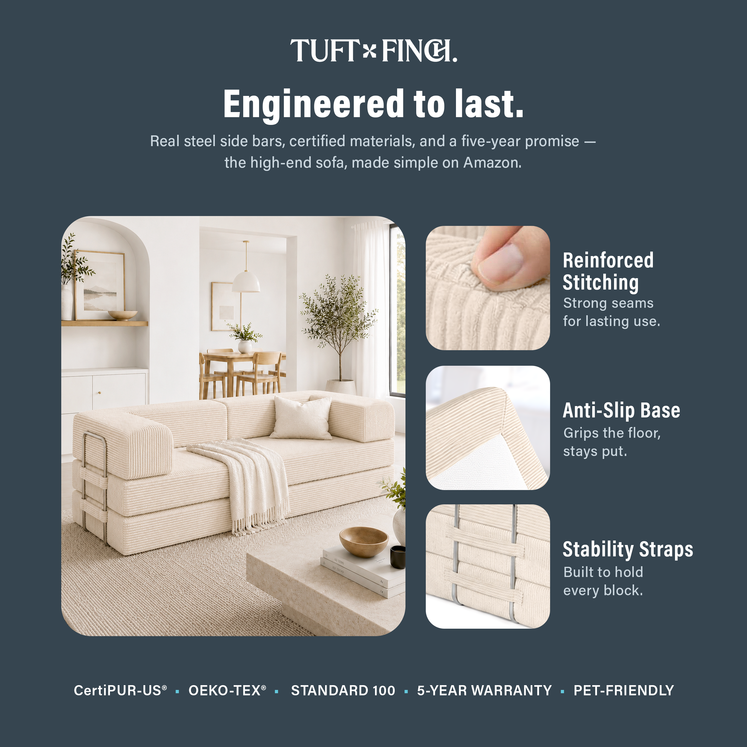 Image shows that boneless couch is engineered to last.