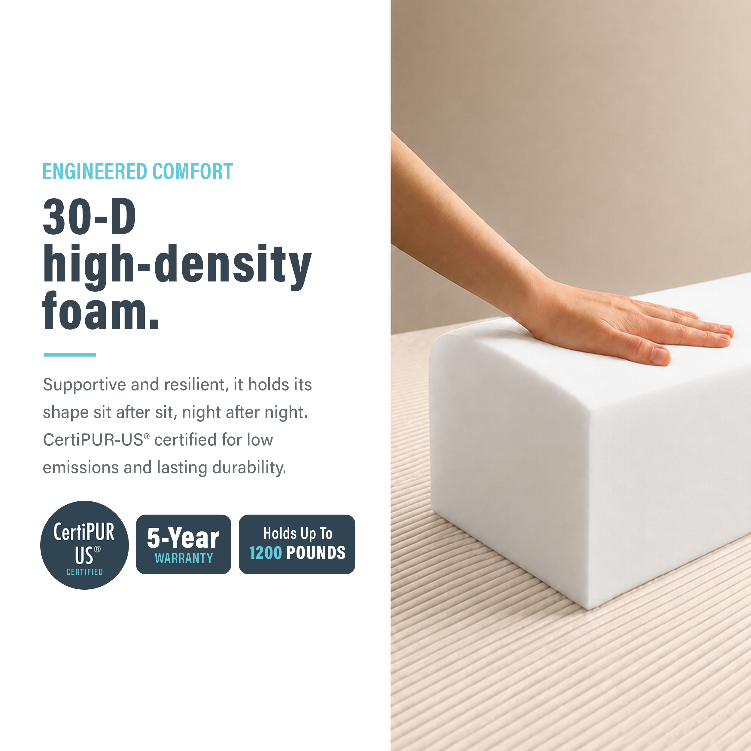 Image showing that the foam is high-density inside modular boneless cream couch.