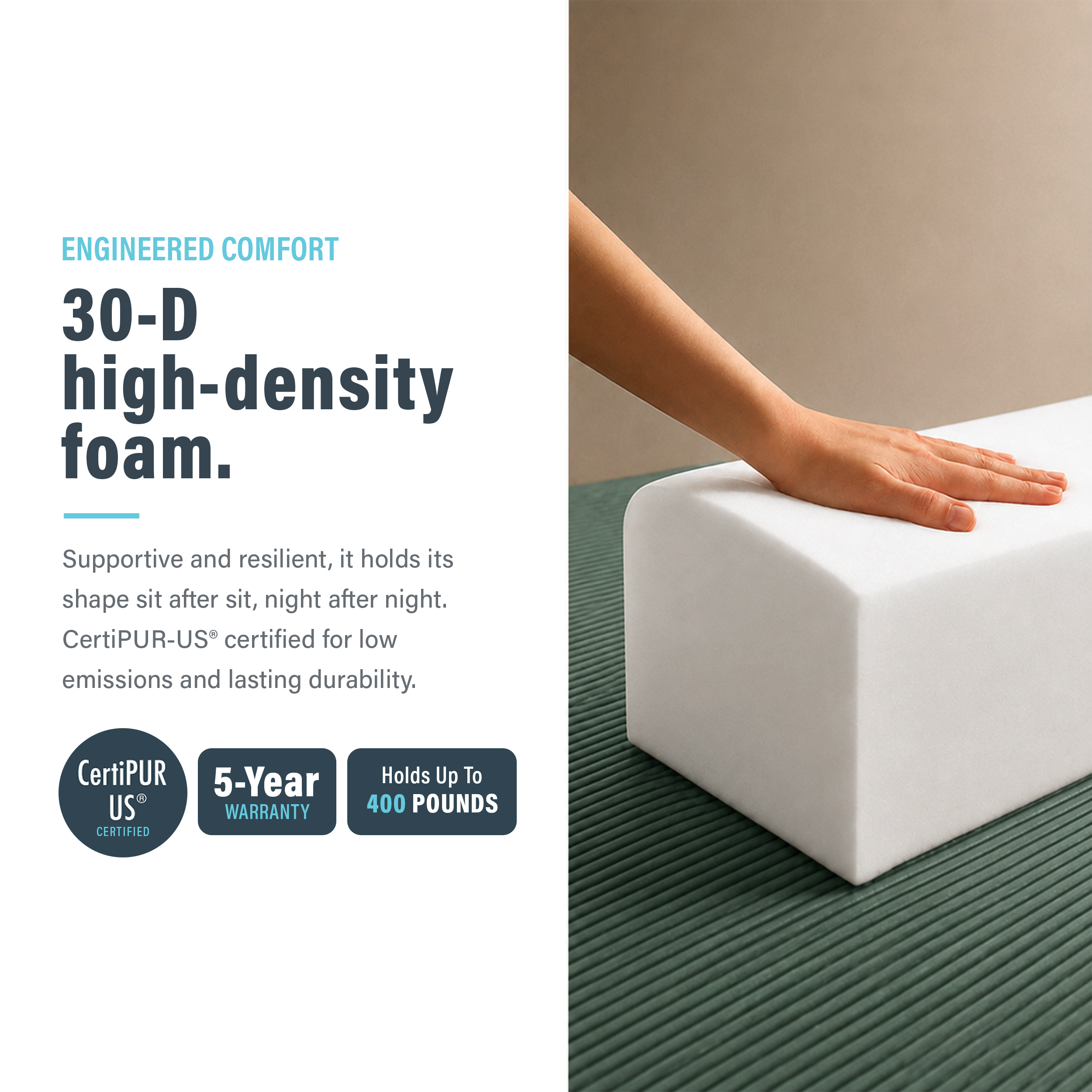 Image showing that the foam is high-density inside modular boneless green ottoman.