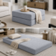 Split photo of gray ottoman in ottoman form and then bed form.